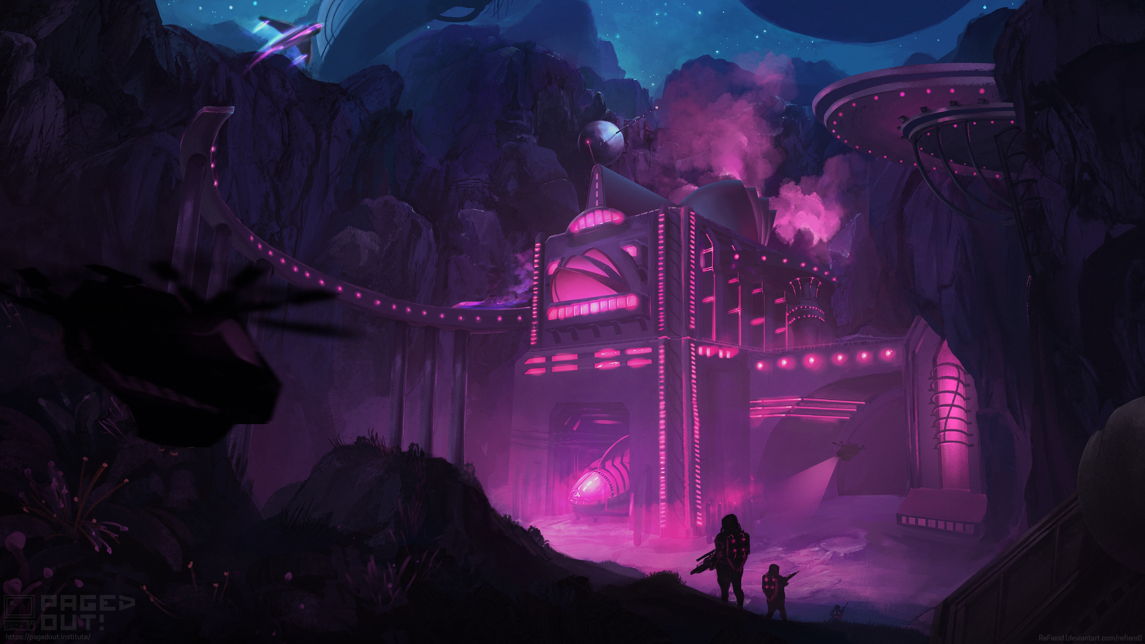 4K Paged Out! building with pink lights and smoke HD Wallpaper