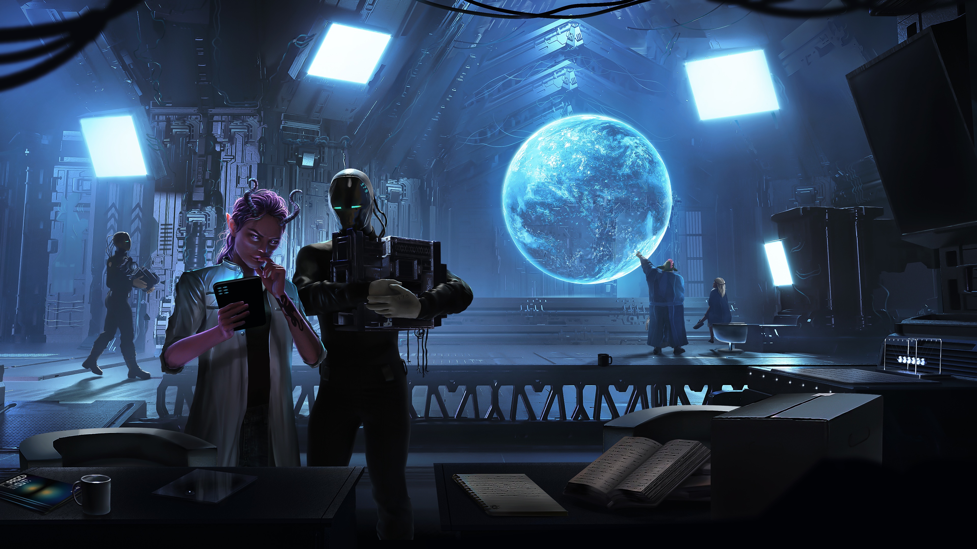 Scientists and robot in a futuristic lab with a planet hologram HD Wallpaper