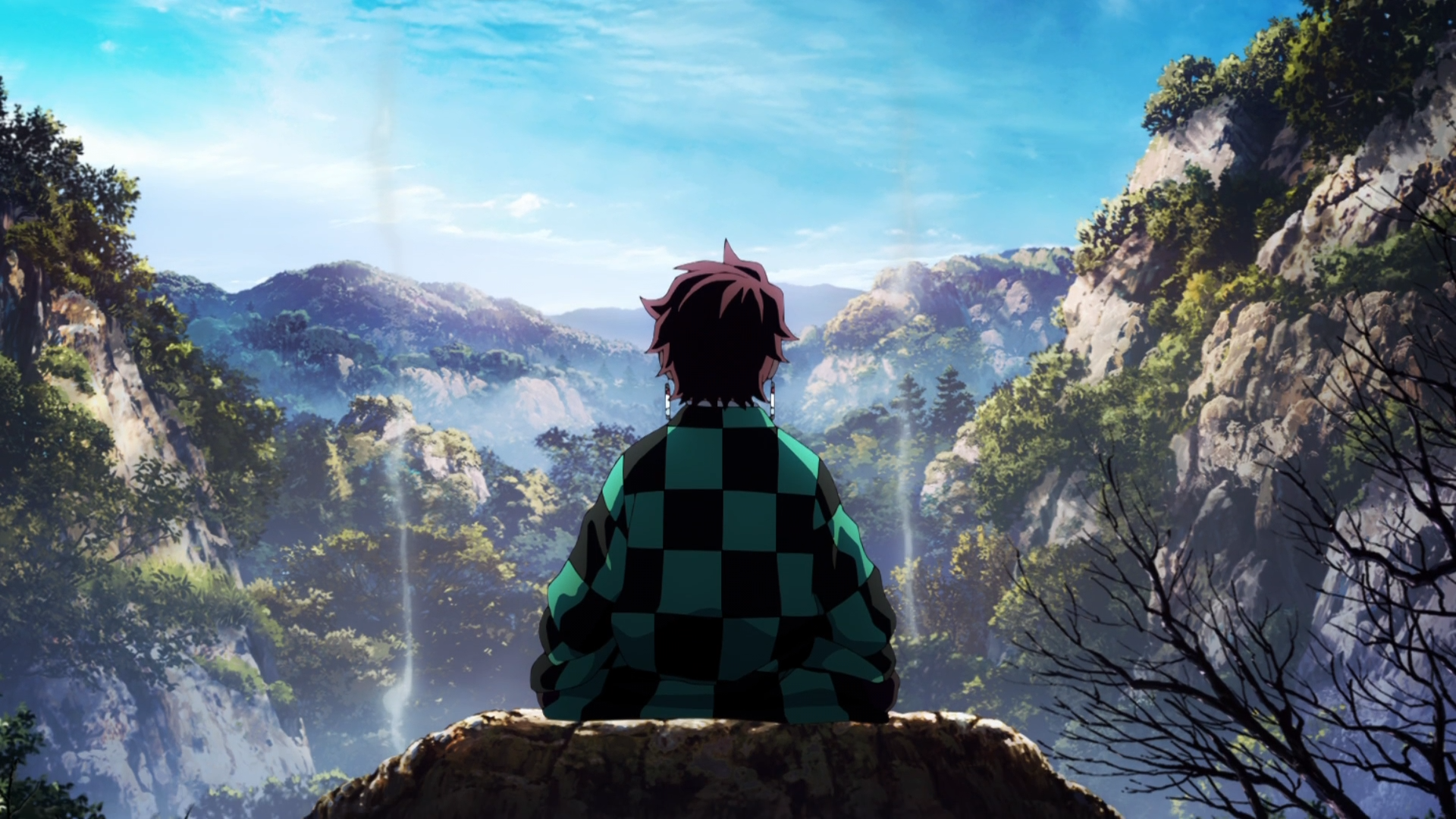 Kamado Tanjiro sitting on a rock overlooking mountains HD Wallpaper