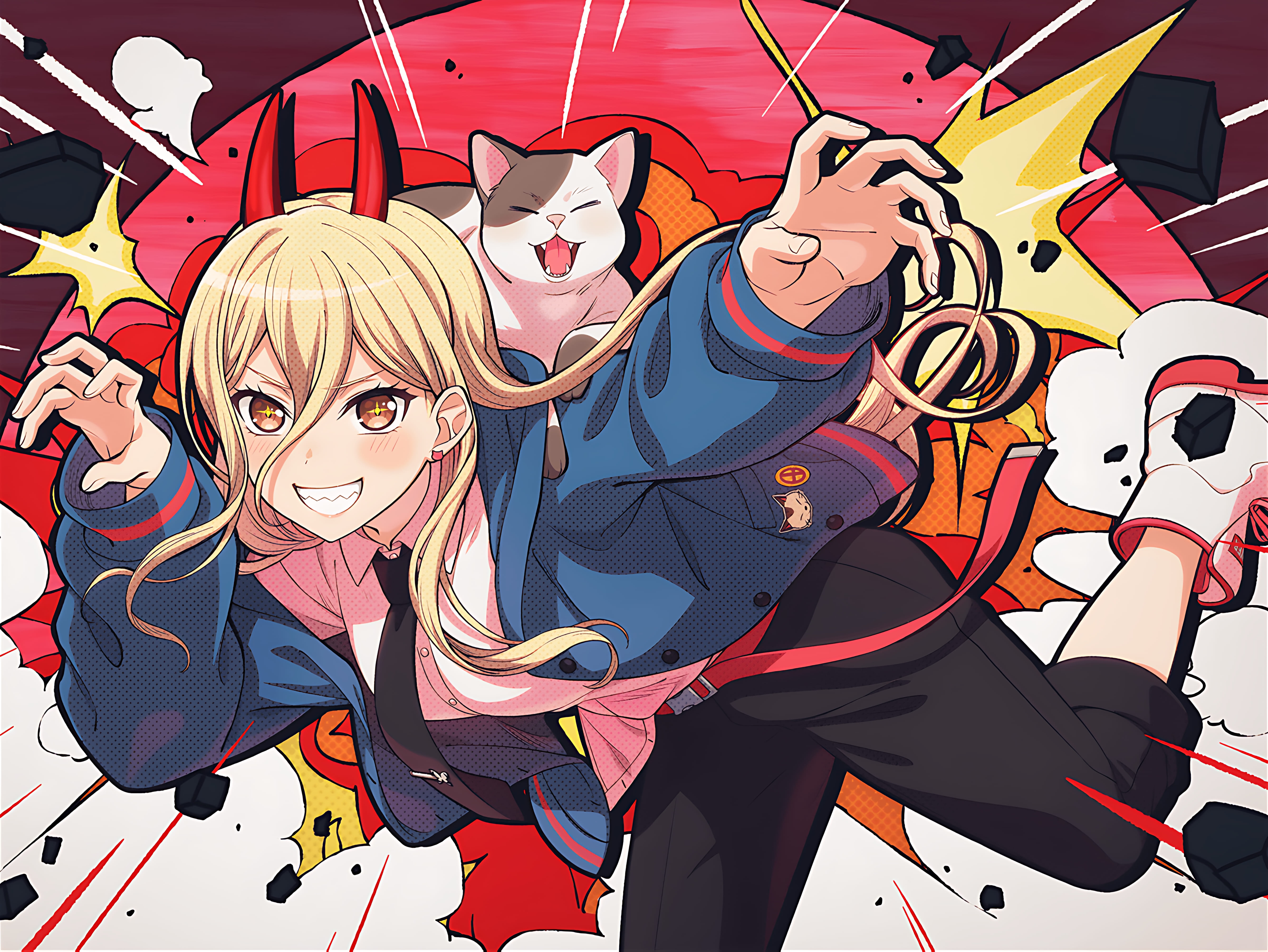 Chainsaw Man Power and Cat with Debris HD Wallpaper