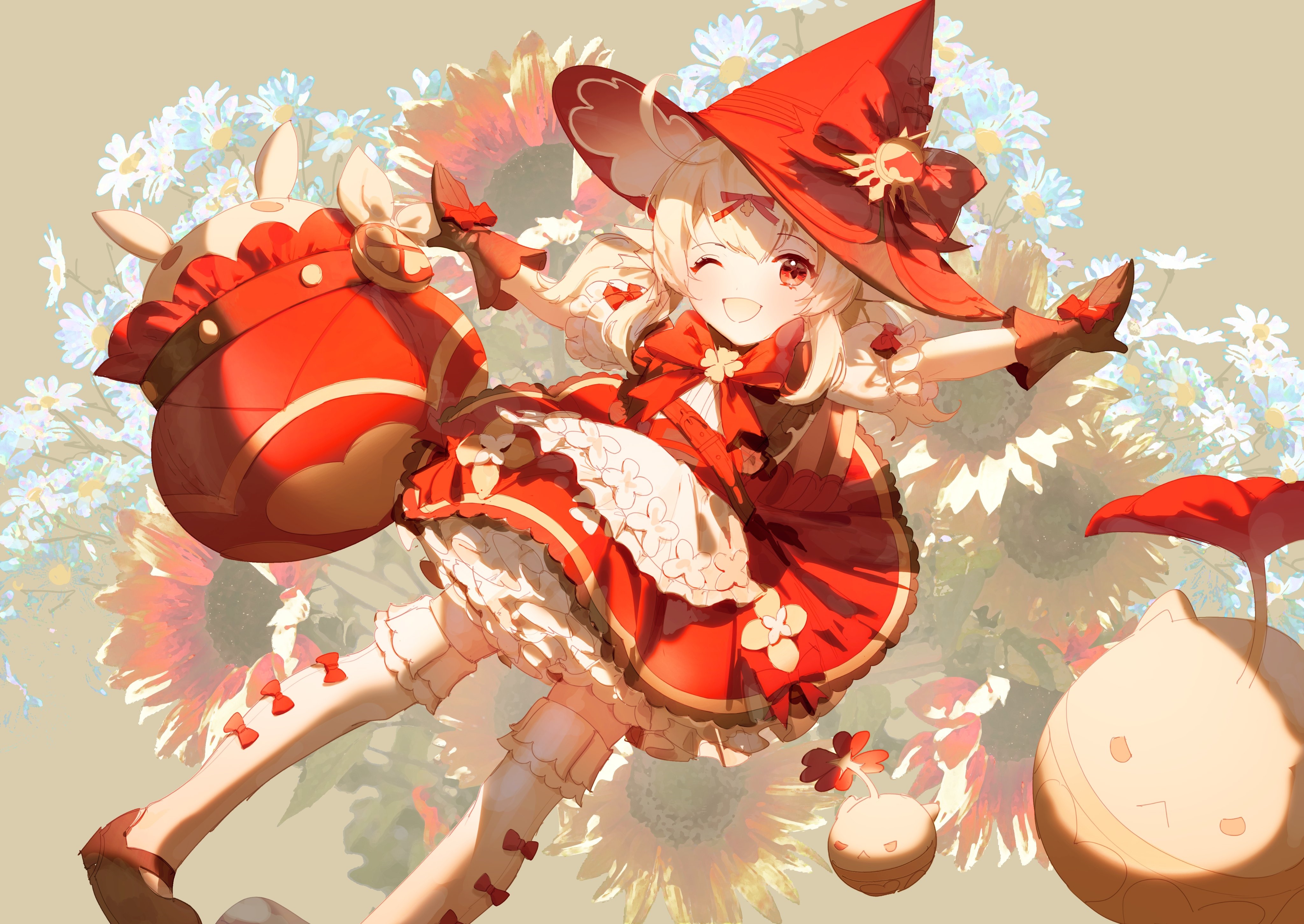 Klee in a red witch hat with flowers HD Wallpaper