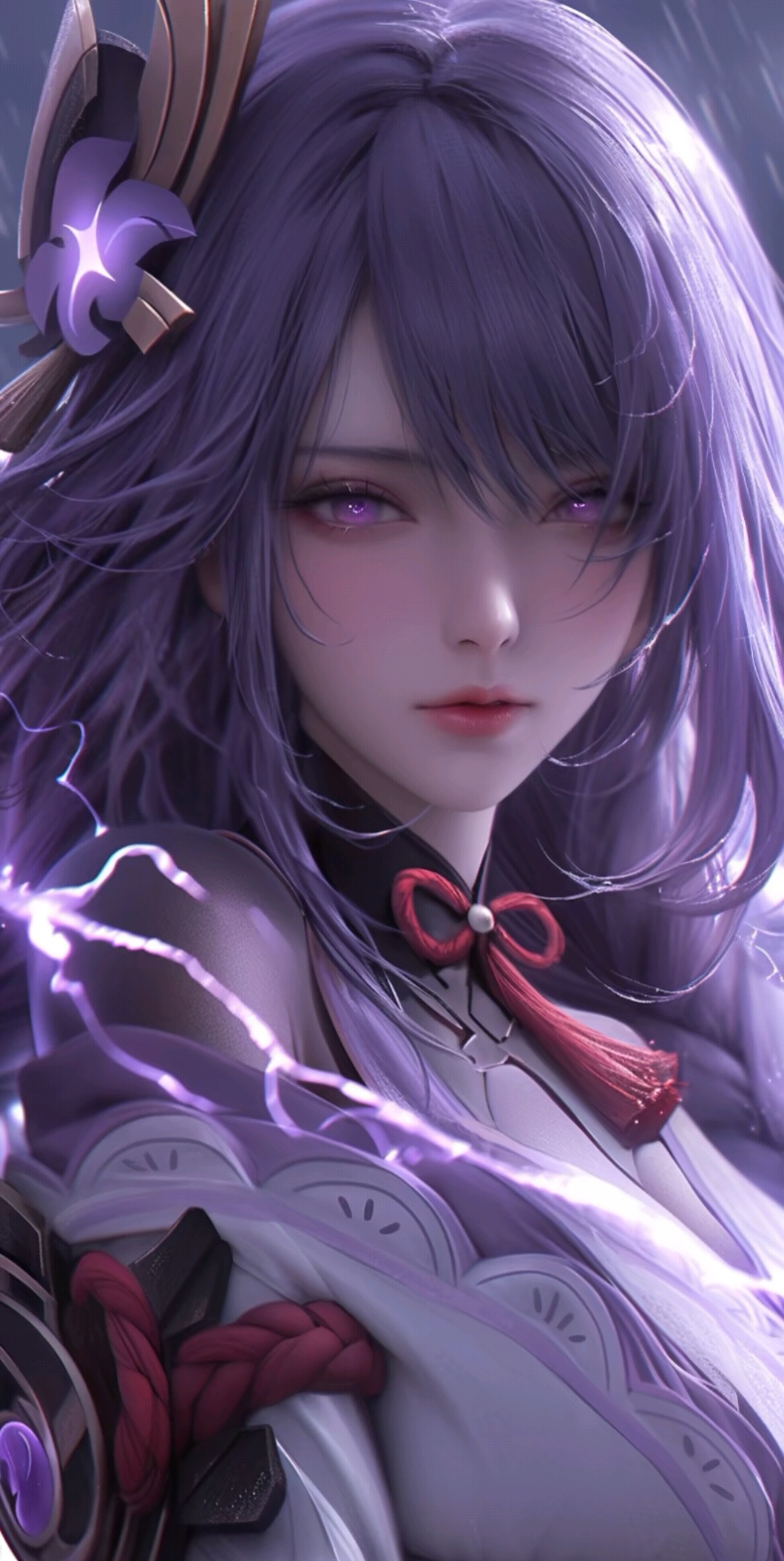 Raiden Shogun with purple hair and lightning HD Phone Wallpaper