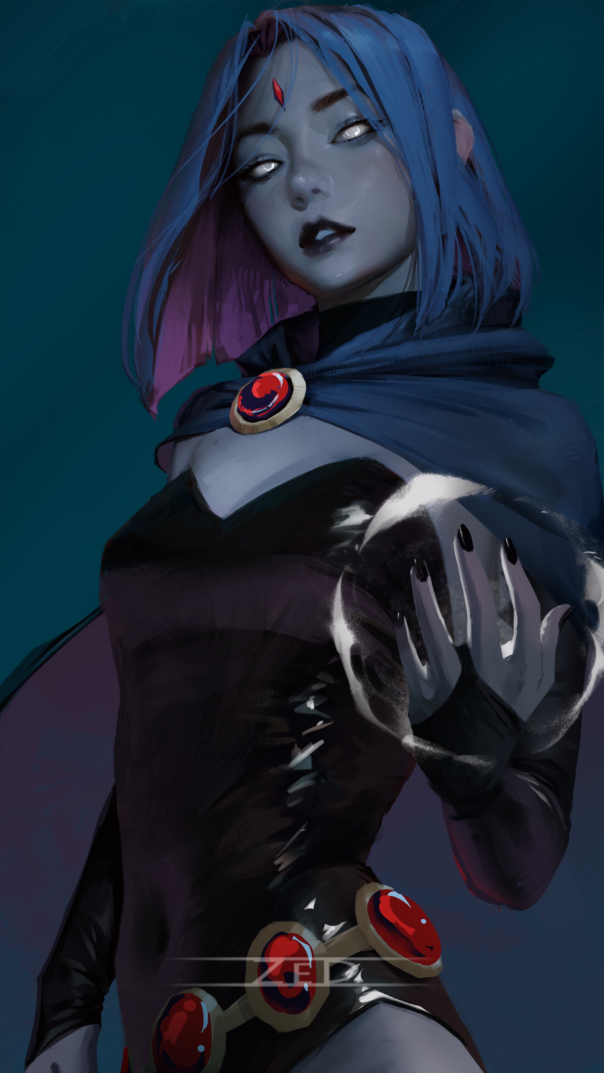 Raven from DC Comics with blue hair and white eyes HD Phone Wallpaper