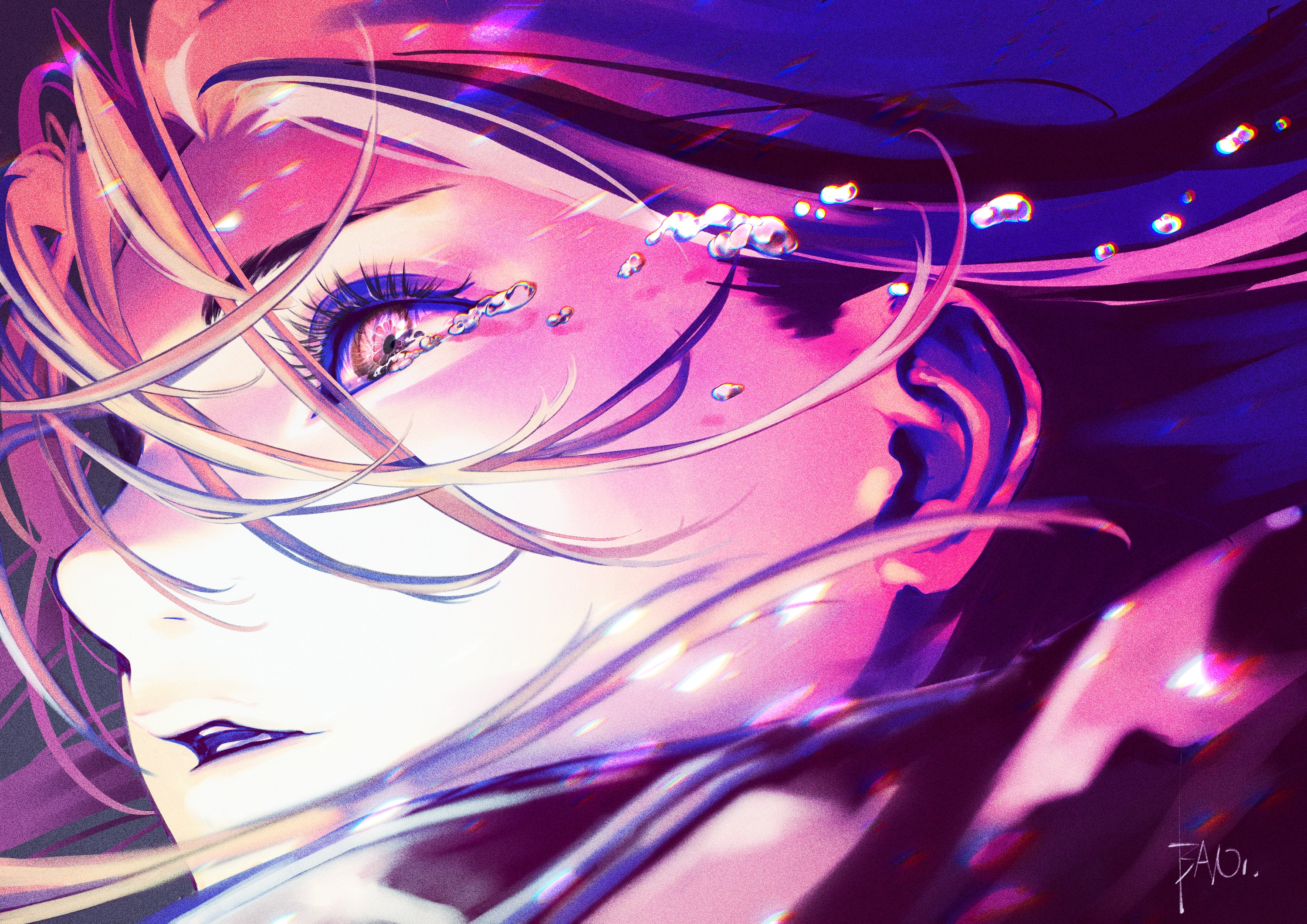 Close-up of a woman's face with tears and flowing hair HD Wallpaper