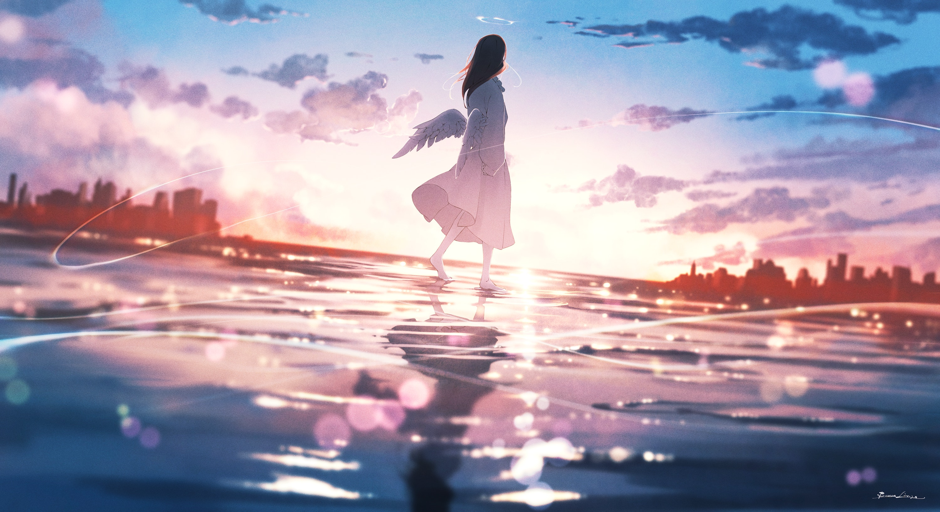 Angel walking on water at sunset with city skyline HD Wallpaper