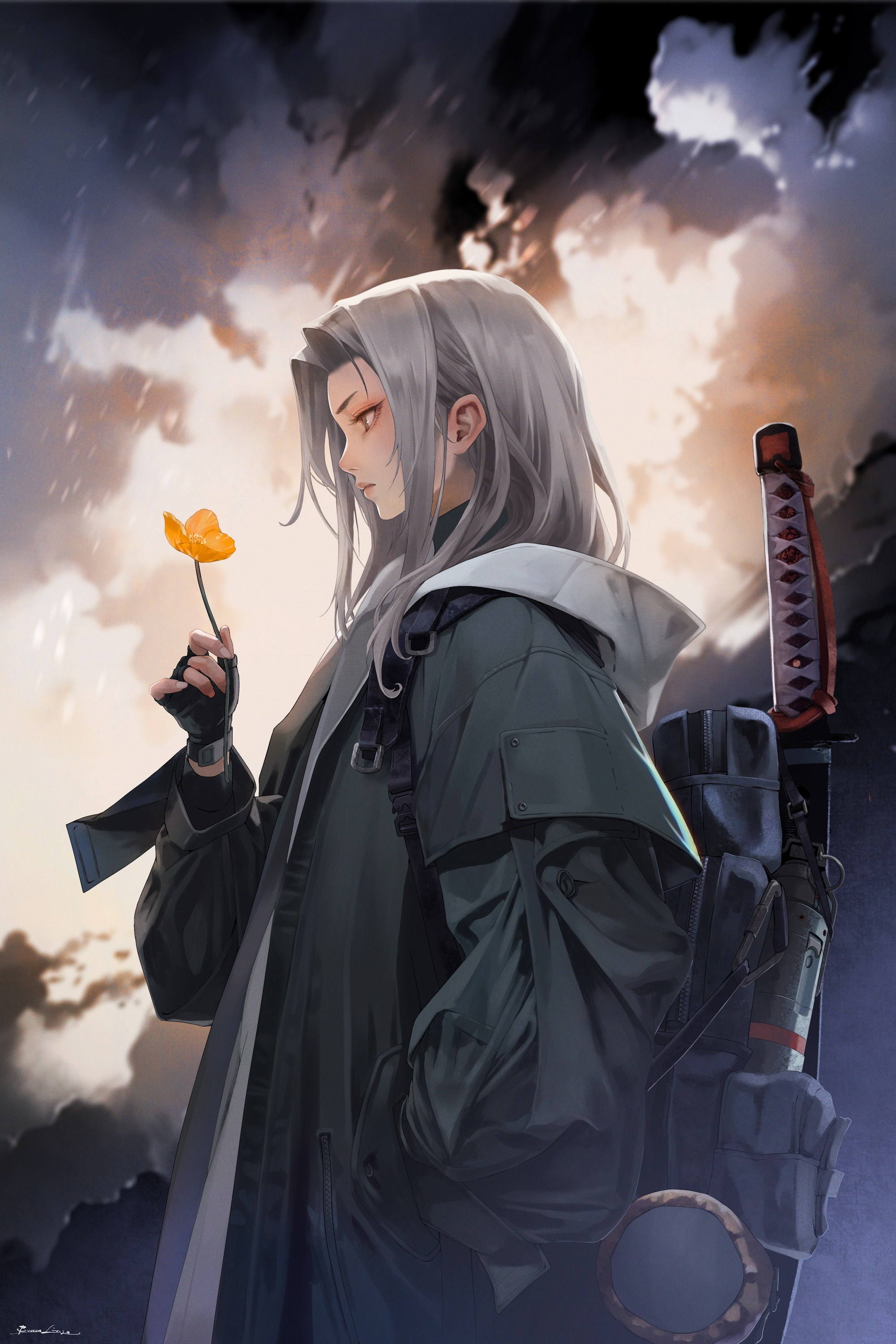 Woman with gray hair holding a flower and a katana HD Phone Wallpaper