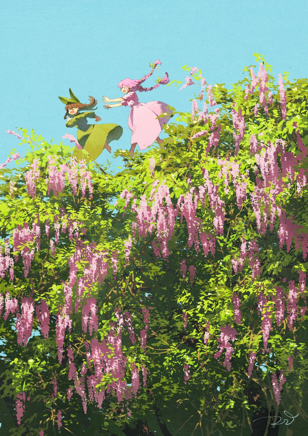 Two girls running through a blooming tree HD Phone Wallpaper