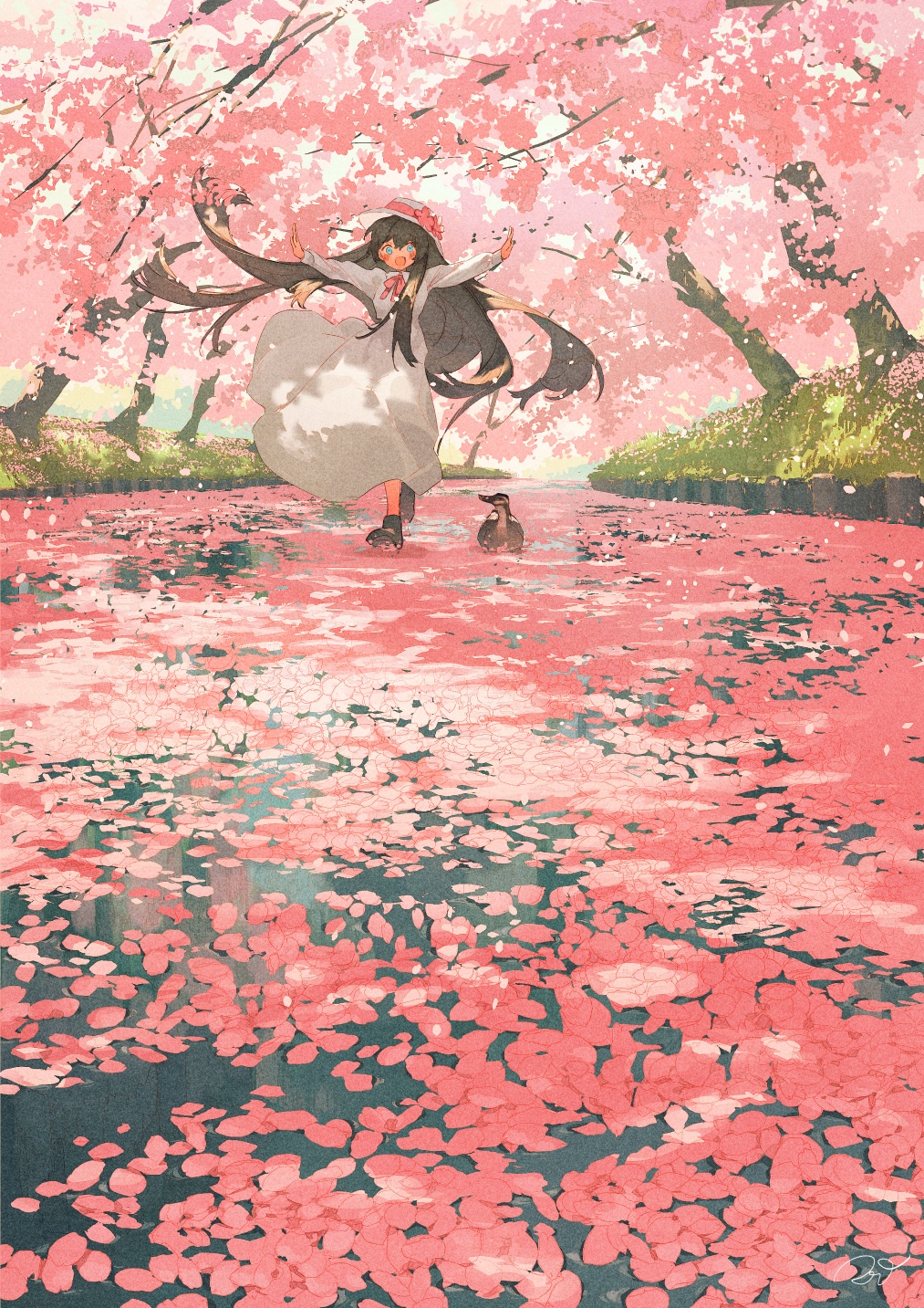 Girl and duck under cherry blossom trees HD Phone Wallpaper