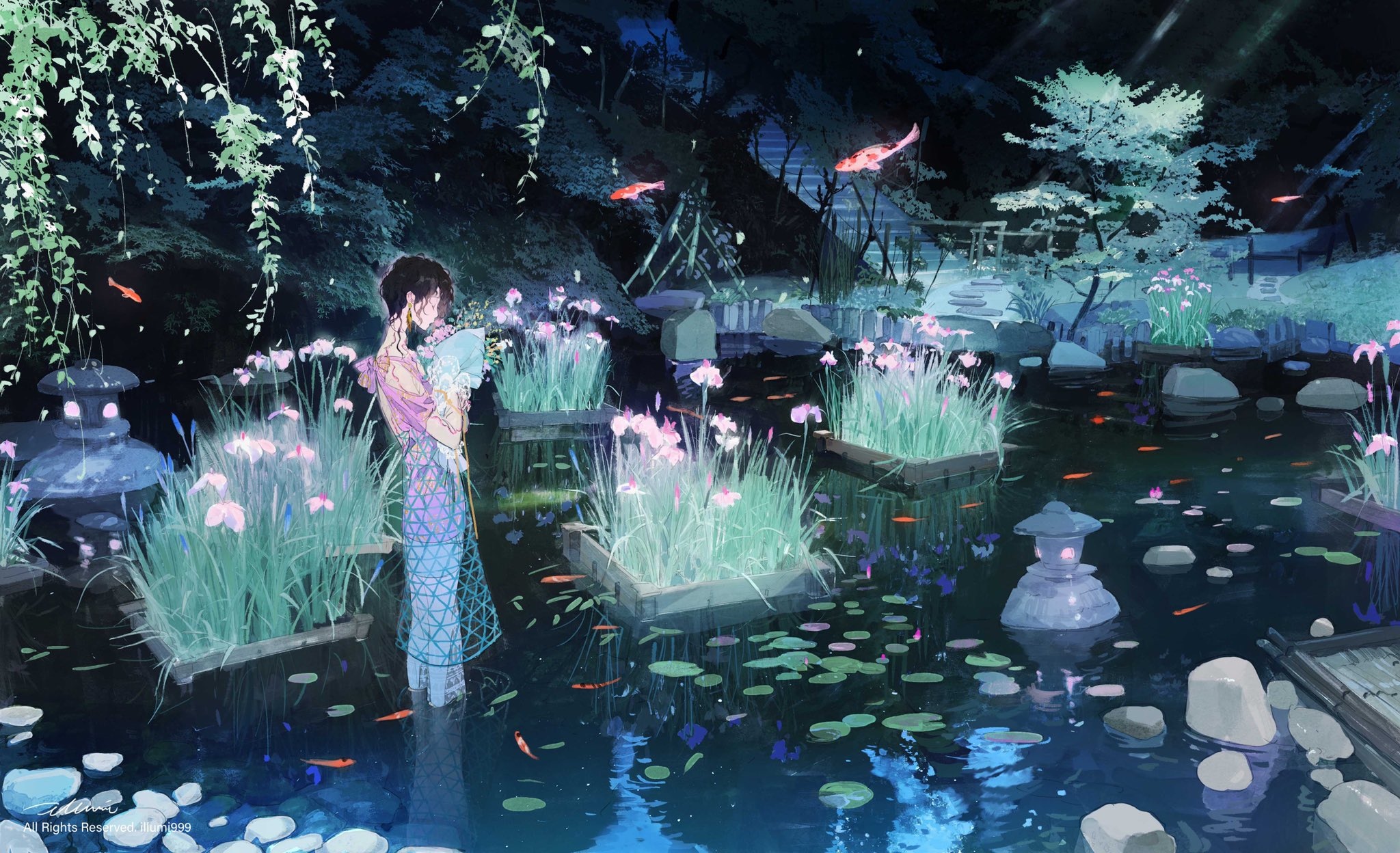 Girl in a kimono by a koi pond with irises HD Wallpaper