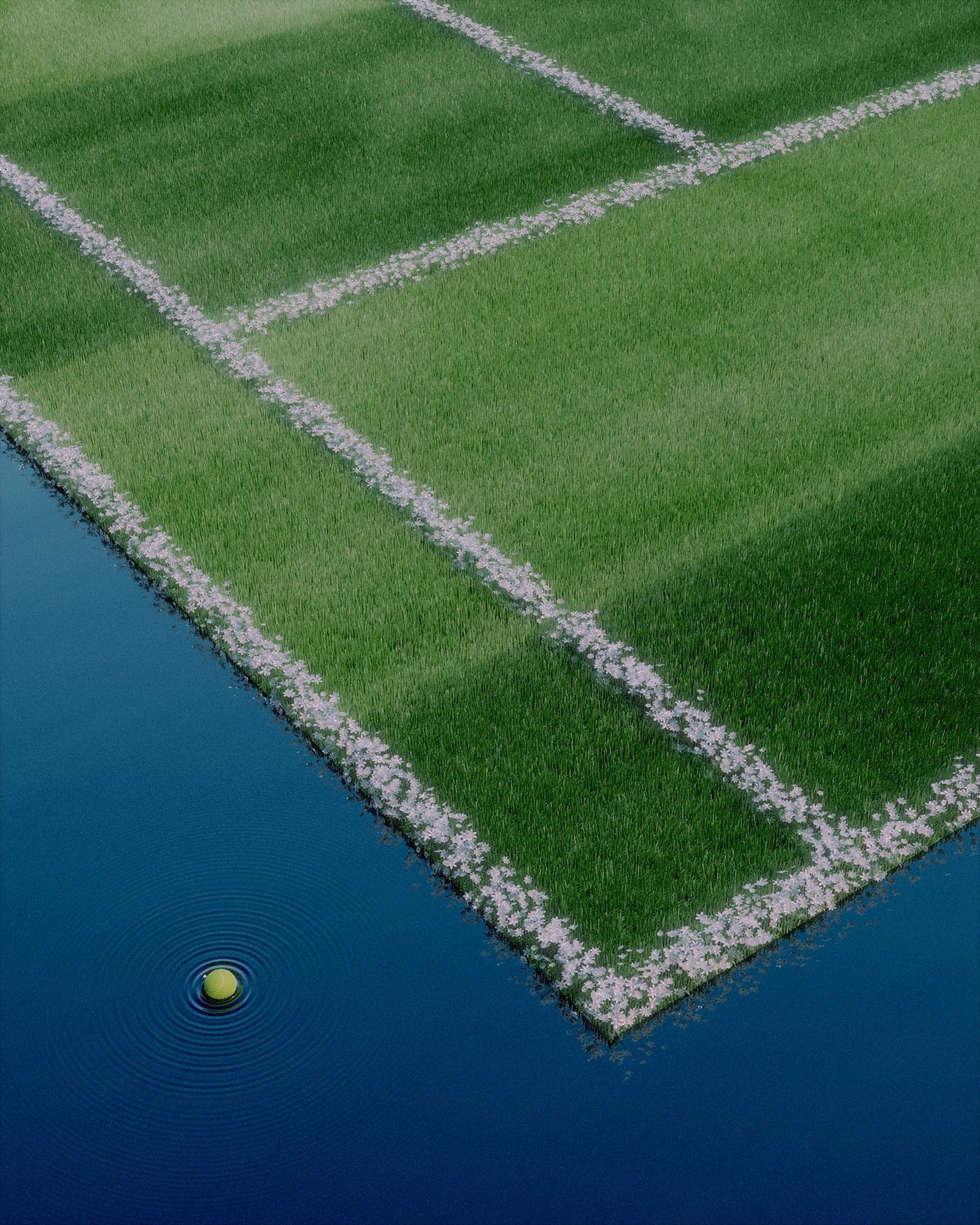 Tennis court with flowers and a tennis ball in water HD Phone Wallpaper