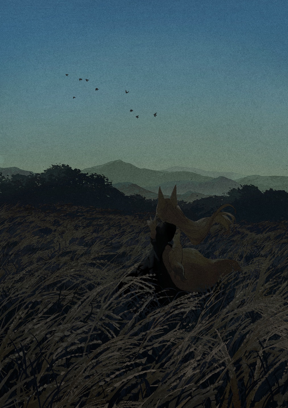 Anime fox girl sitting in a field with mountains HD Phone Wallpaper