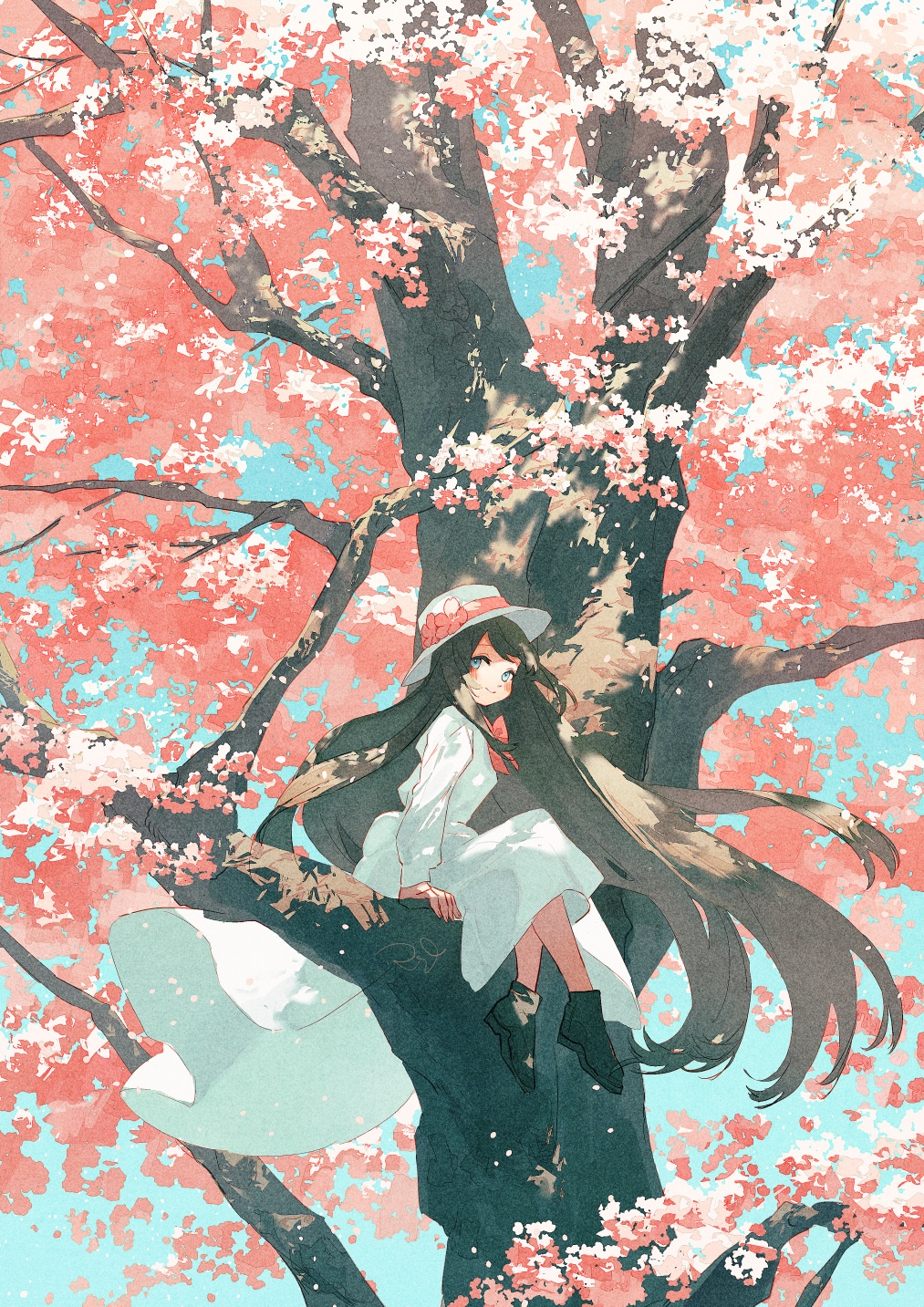 Girl in a Hat Sitting in a Cherry Blossom Tree HD Phone Wallpaper