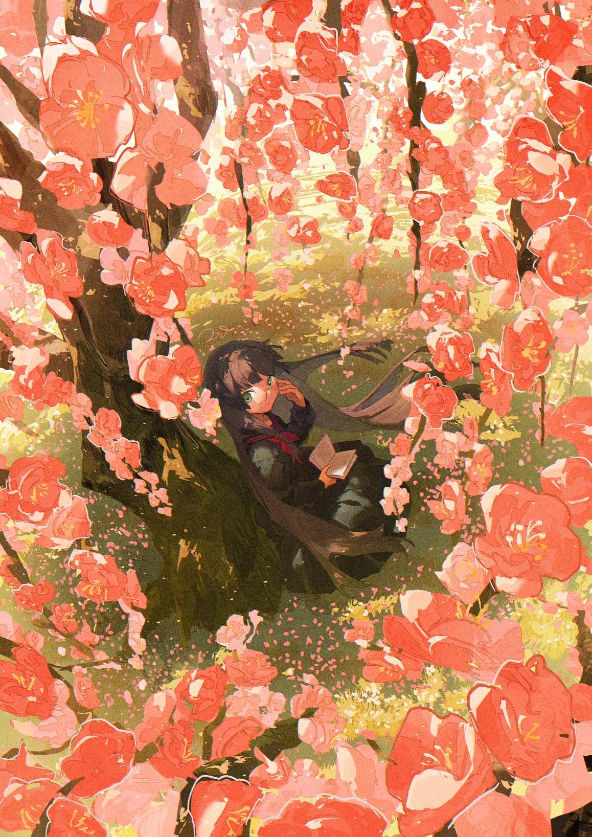 Girl in school uniform reading under a tree with flowers HD Phone Wallpaper
