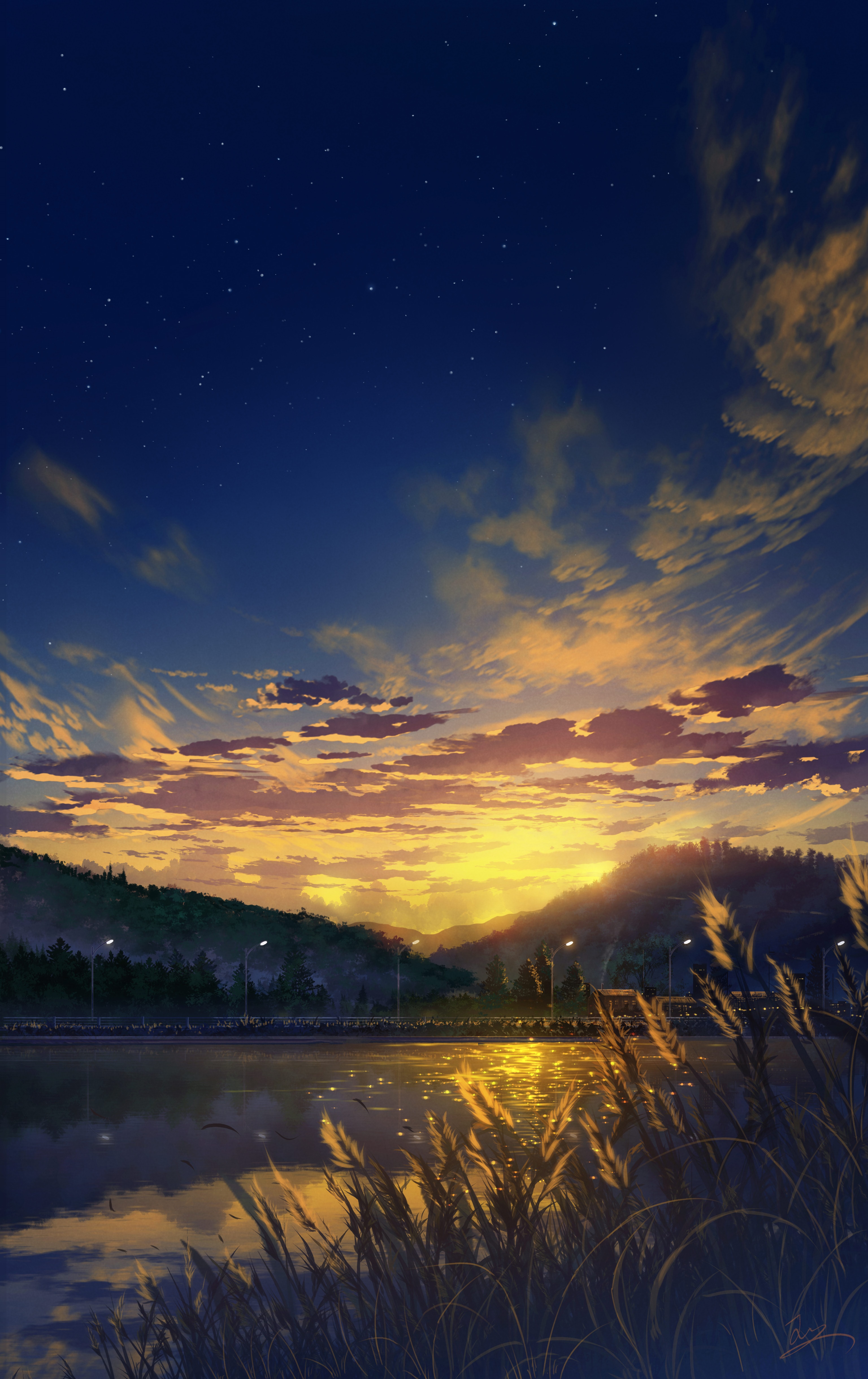 Sunset over a lake with mountains and stars HD Phone Wallpaper