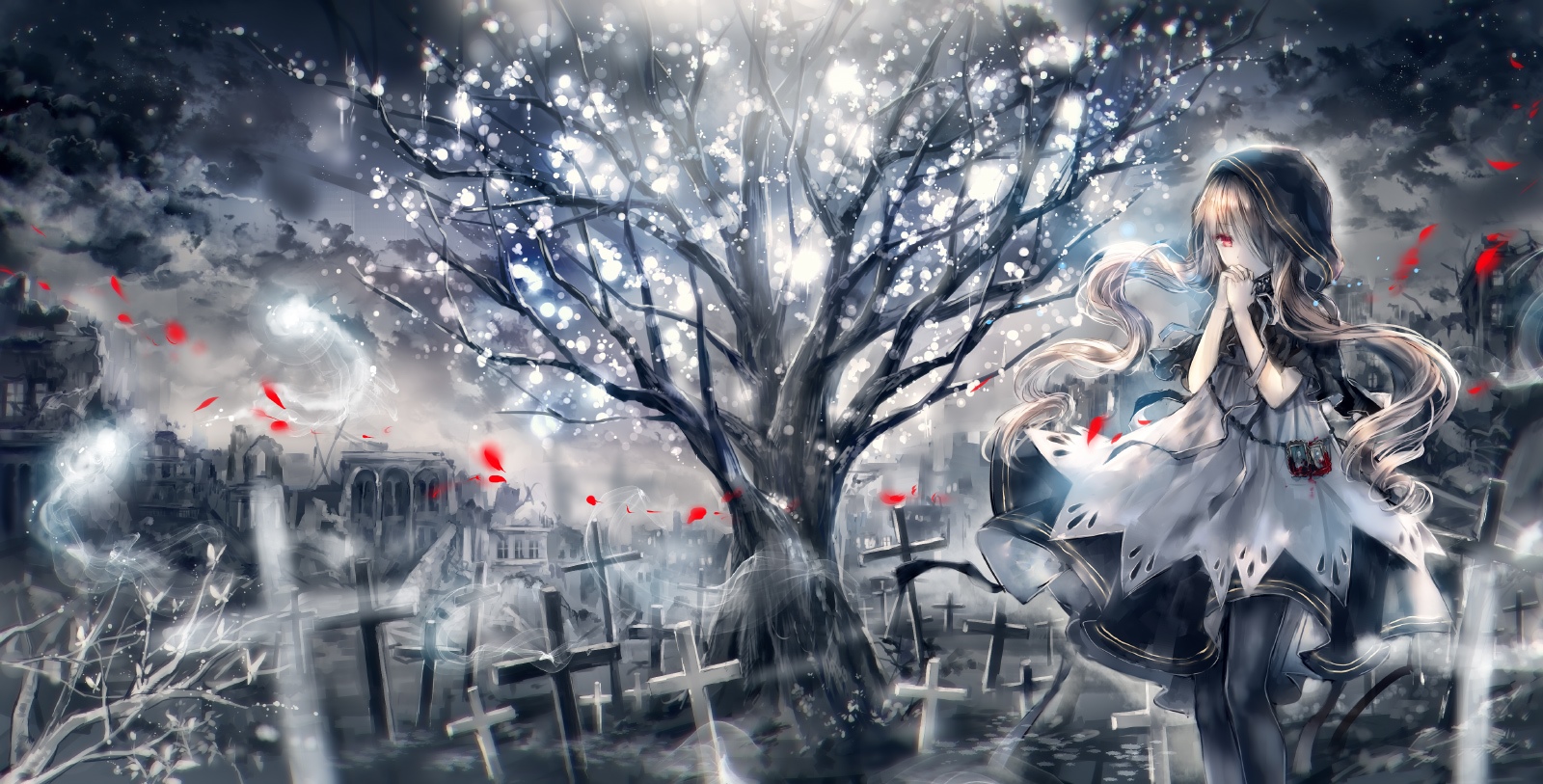 Anime girl in a graveyard with a tree HD Wallpaper
