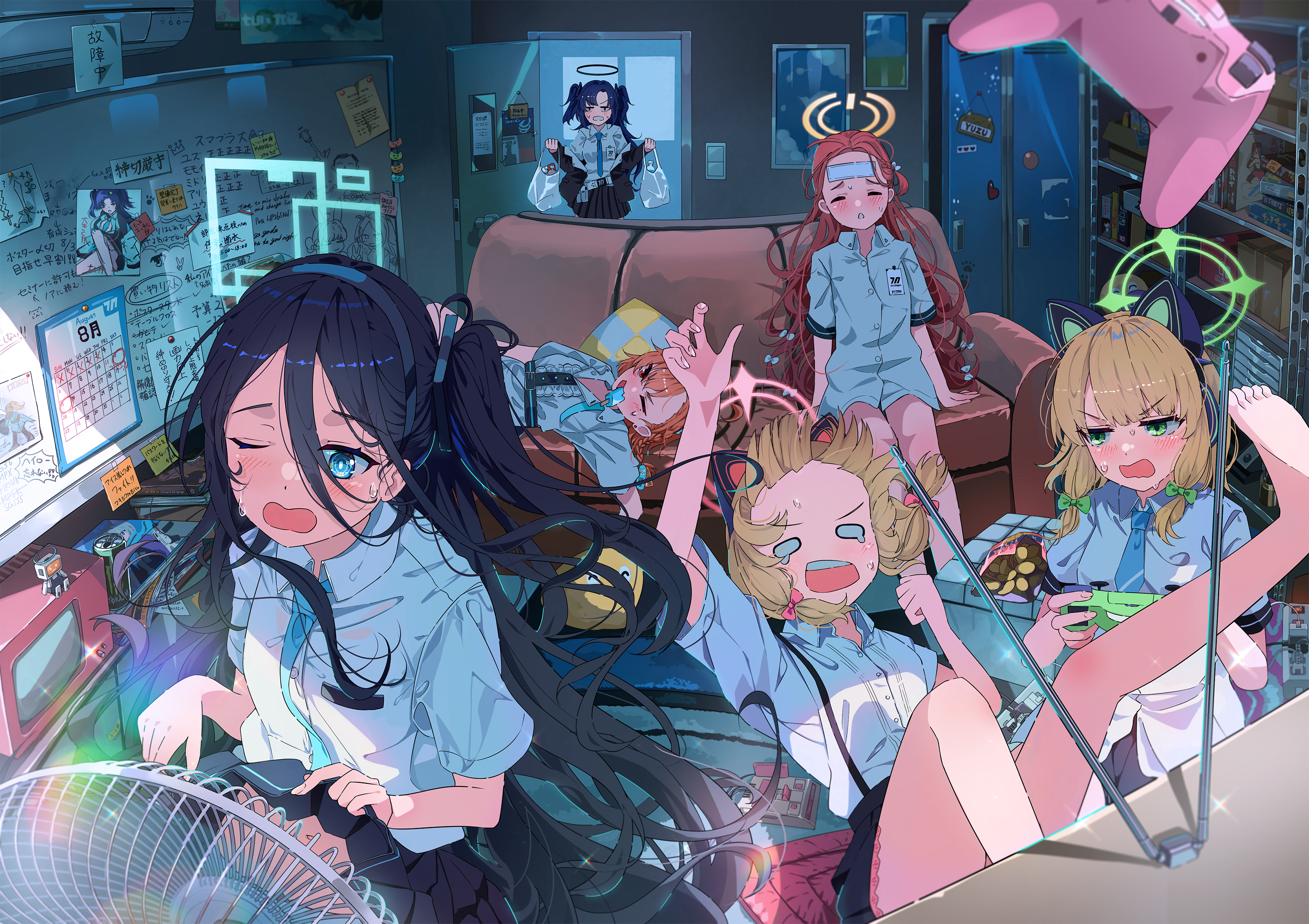 Blue Archive girls playing video games in a messy room HD Wallpaper