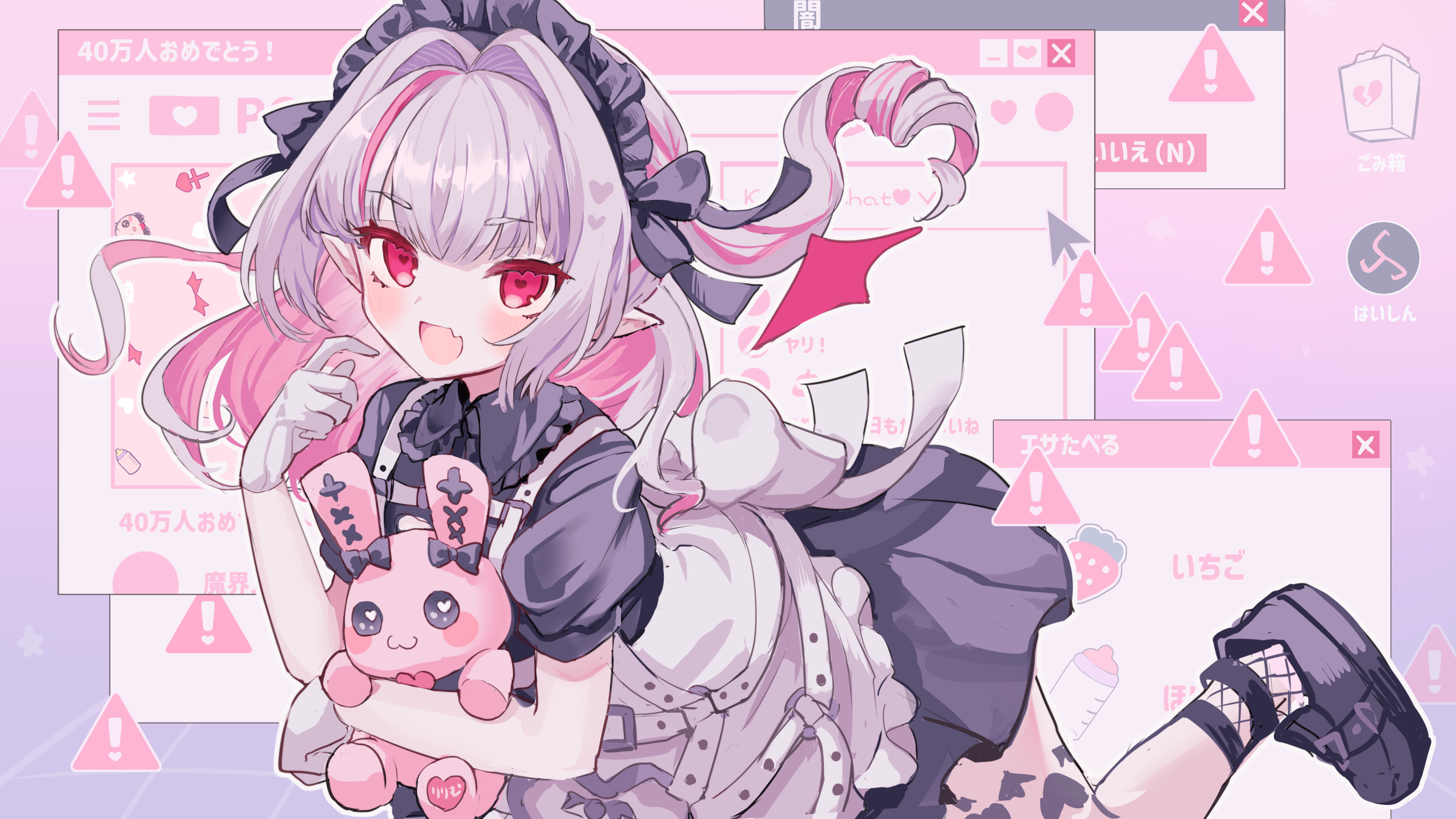 Anime girl with pink bunny and computer windows HD Wallpaper
