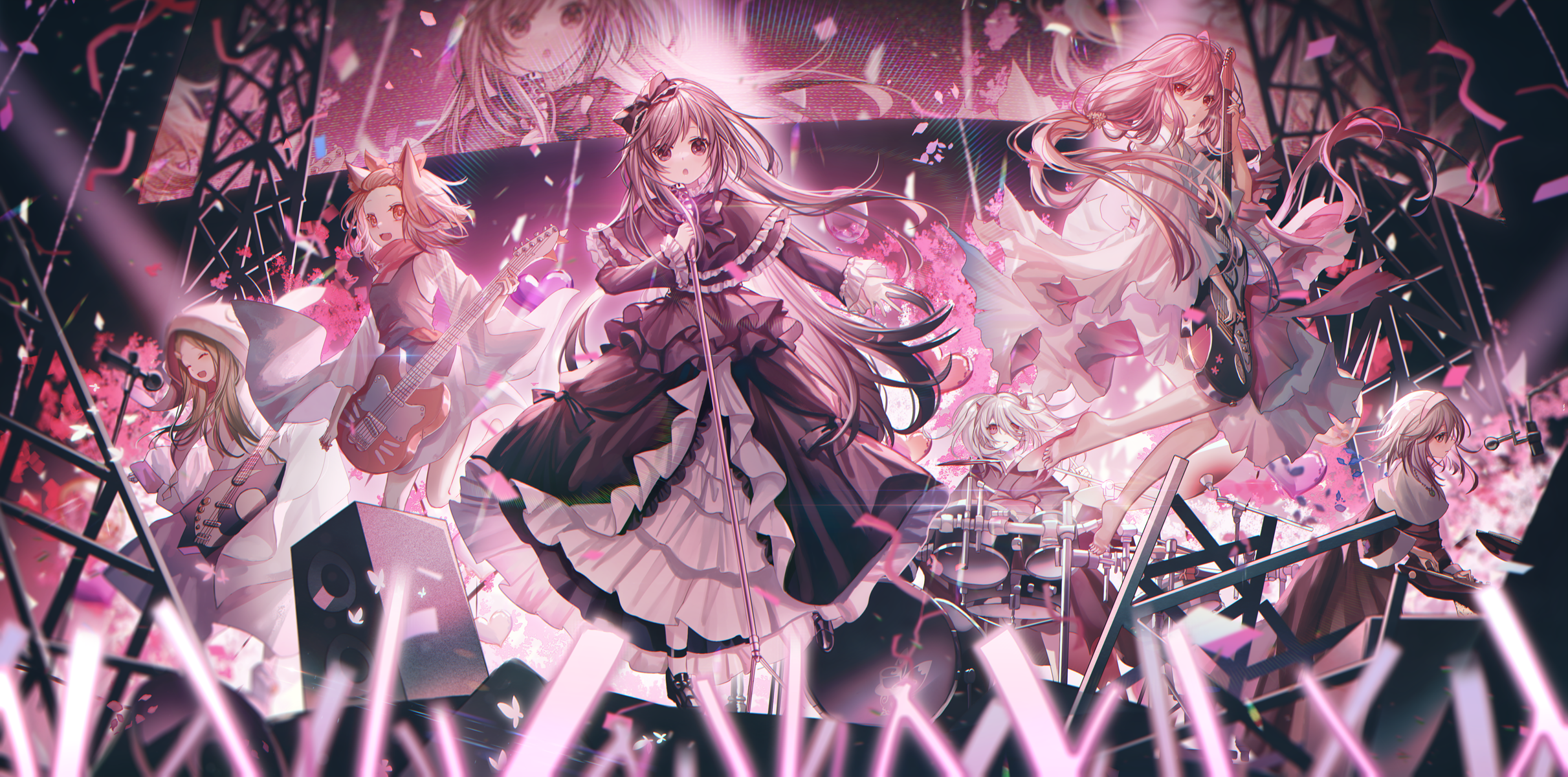 Anime girls performing on a concert stage with confetti HD Wallpaper
