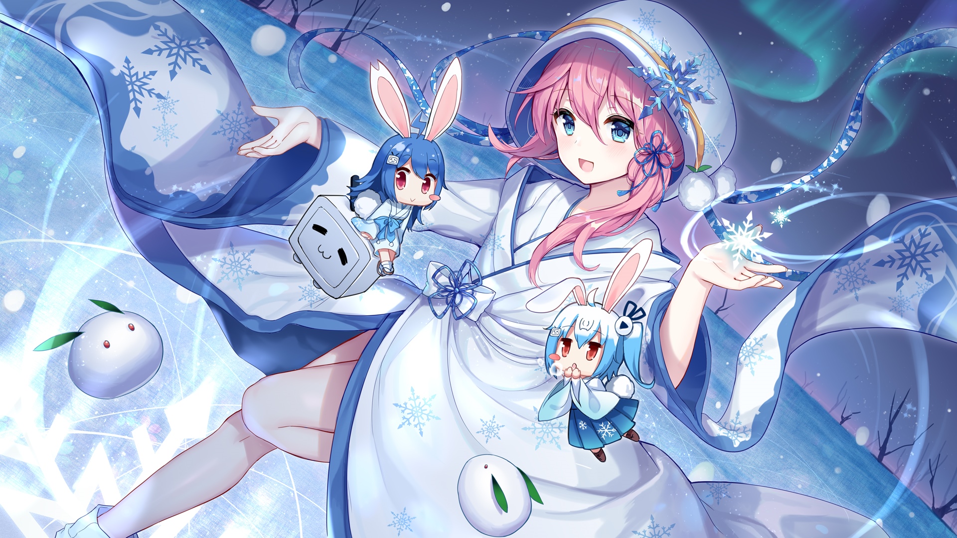 Bilibili's 22 and 33 in winter kimono with aurora HD Wallpaper