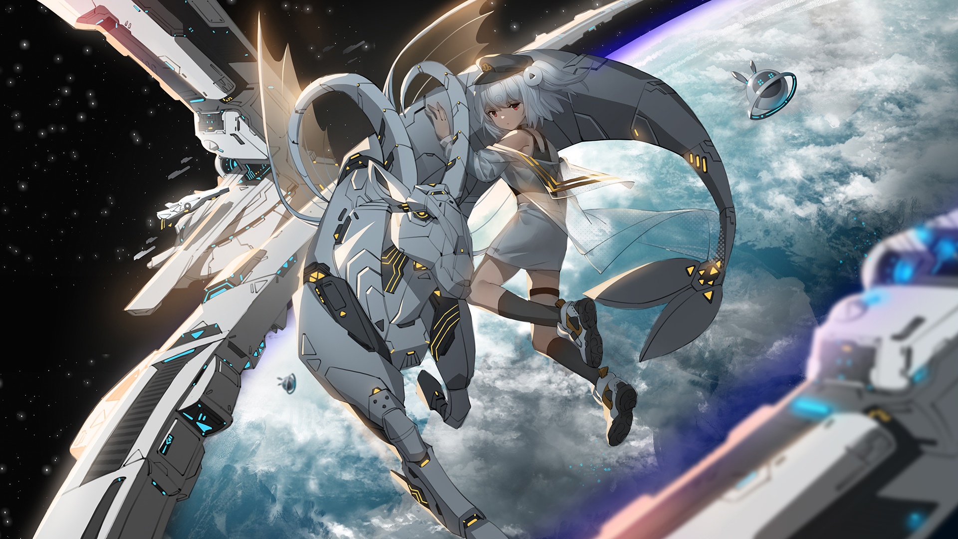 Girl with robotic goat in space near planet HD Wallpaper