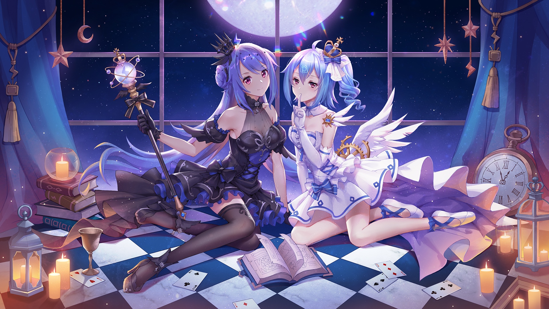 Two anime girls with magical staffs and dresses by a window HD Wallpaper