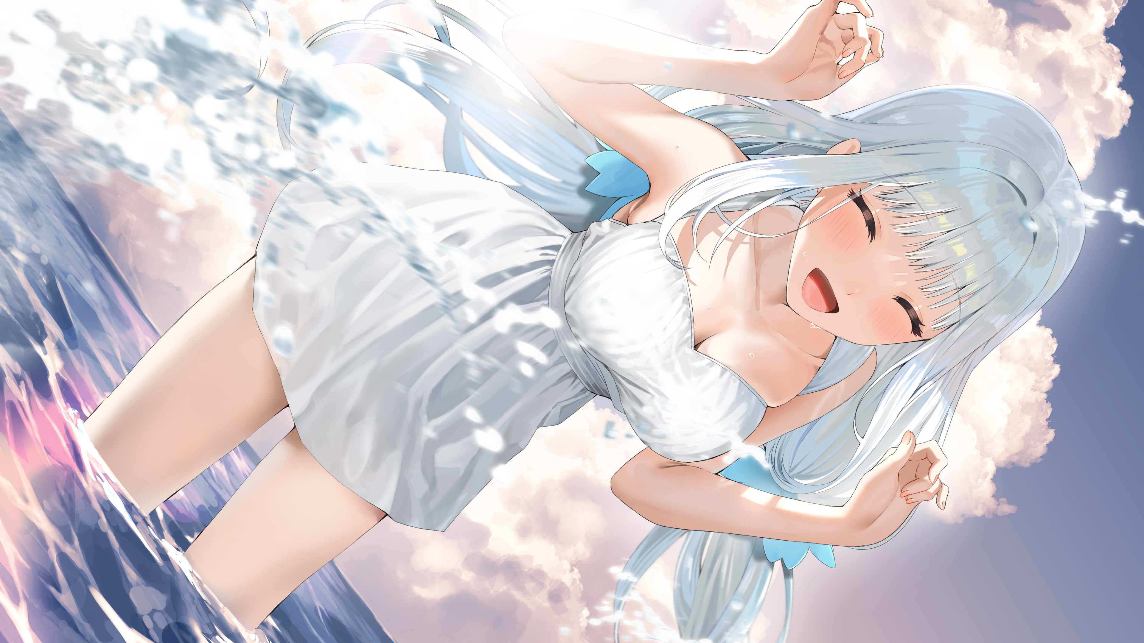 Girl in white dress standing in water with clouds HD Wallpaper
