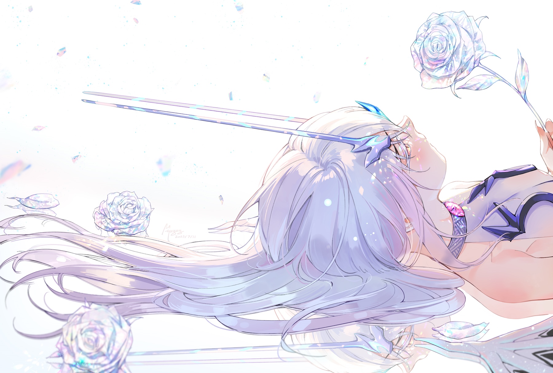Anime girl with white hair and roses HD Wallpaper