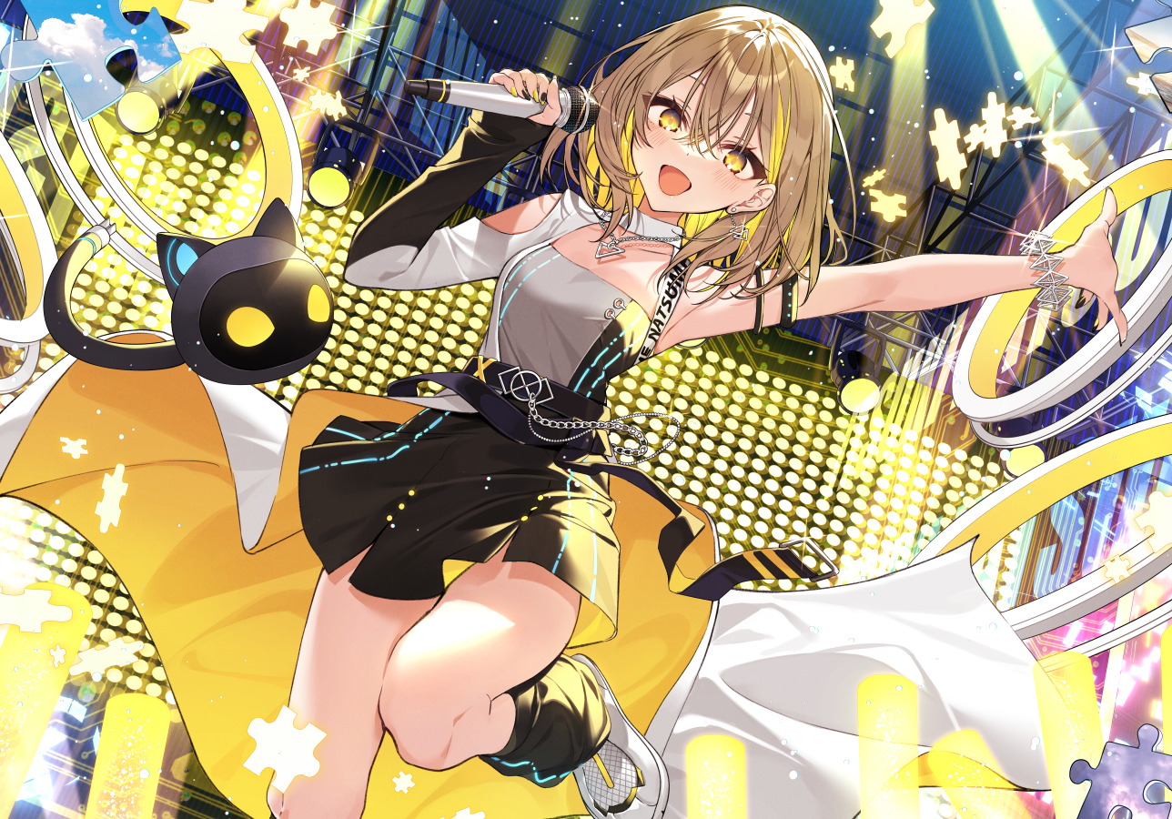 Anime girl with microphone on stage with puzzle pieces HD Wallpaper