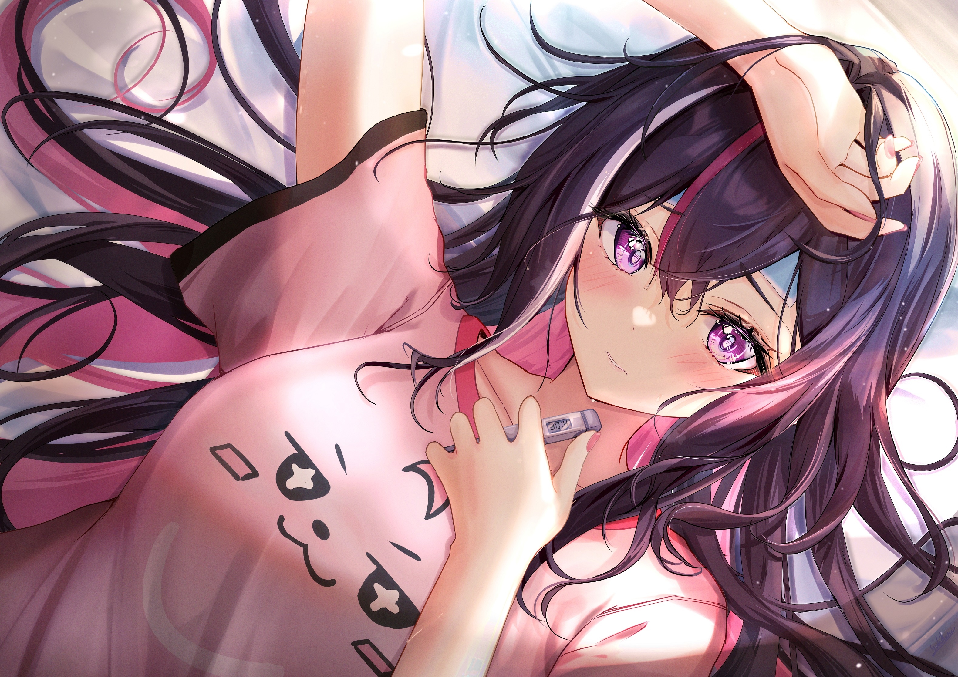 Anime girl with multi-colored hair lying down with thermometer HD Wallpaper