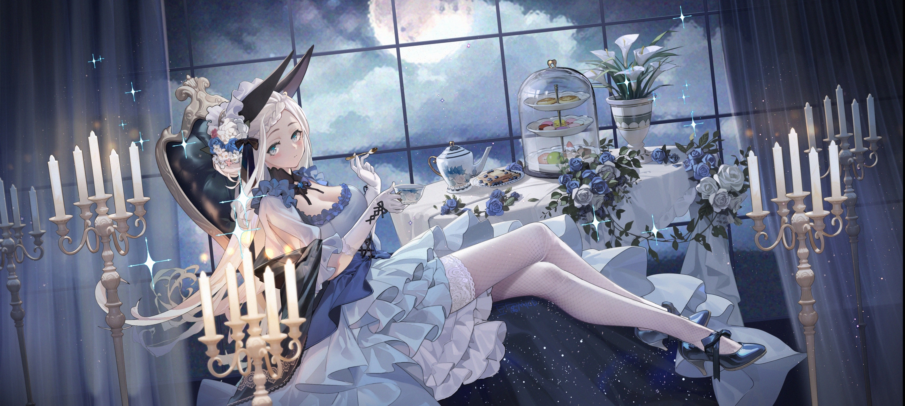 Woman in a blue and white dress with fox ears at a tea party HD Wallpaper