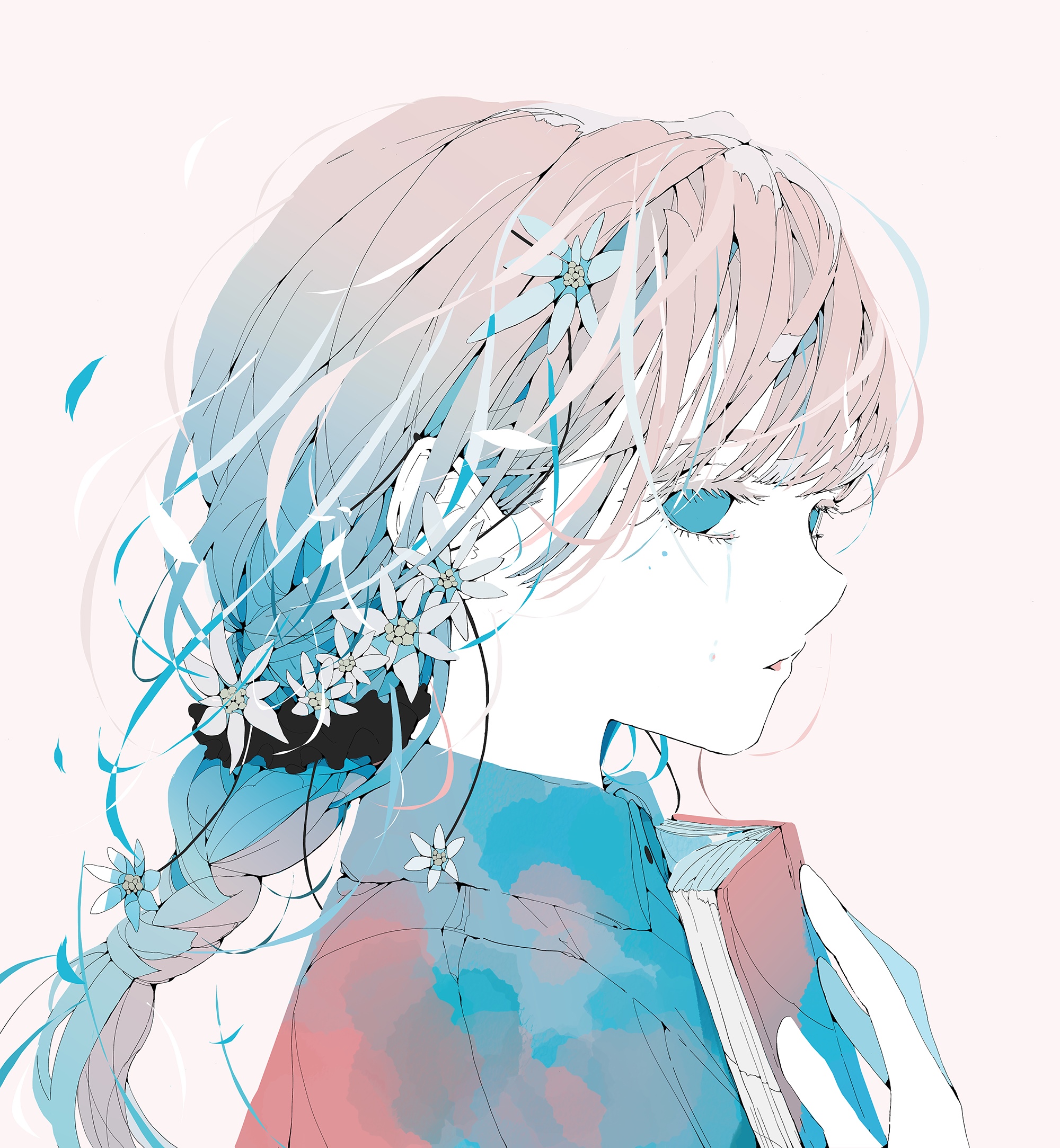 Anime girl with flowers in her hair holding a book HD Wallpaper