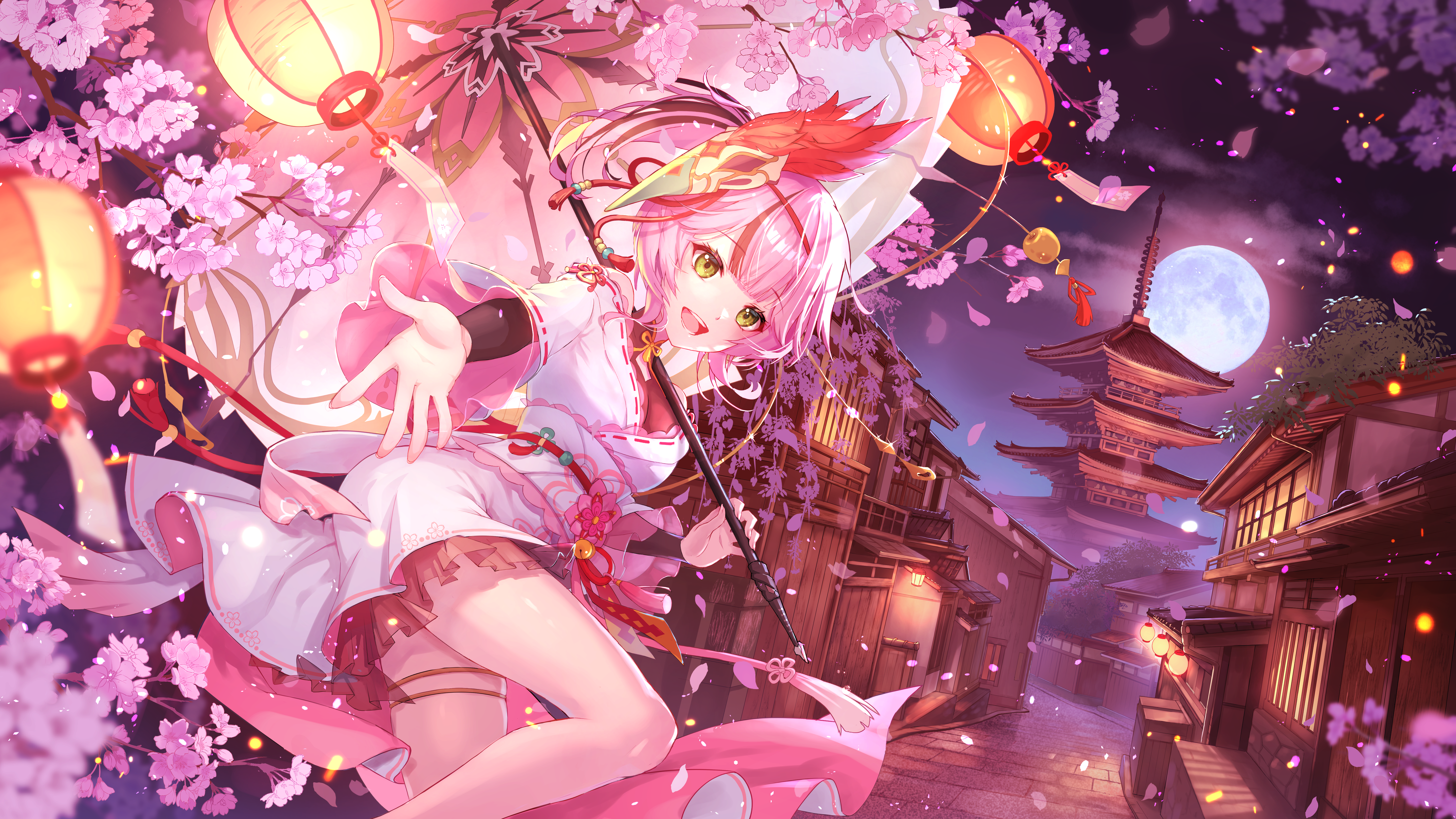 4K Anime Girl with Umbrella and Lanterns in Village HD Wallpaper