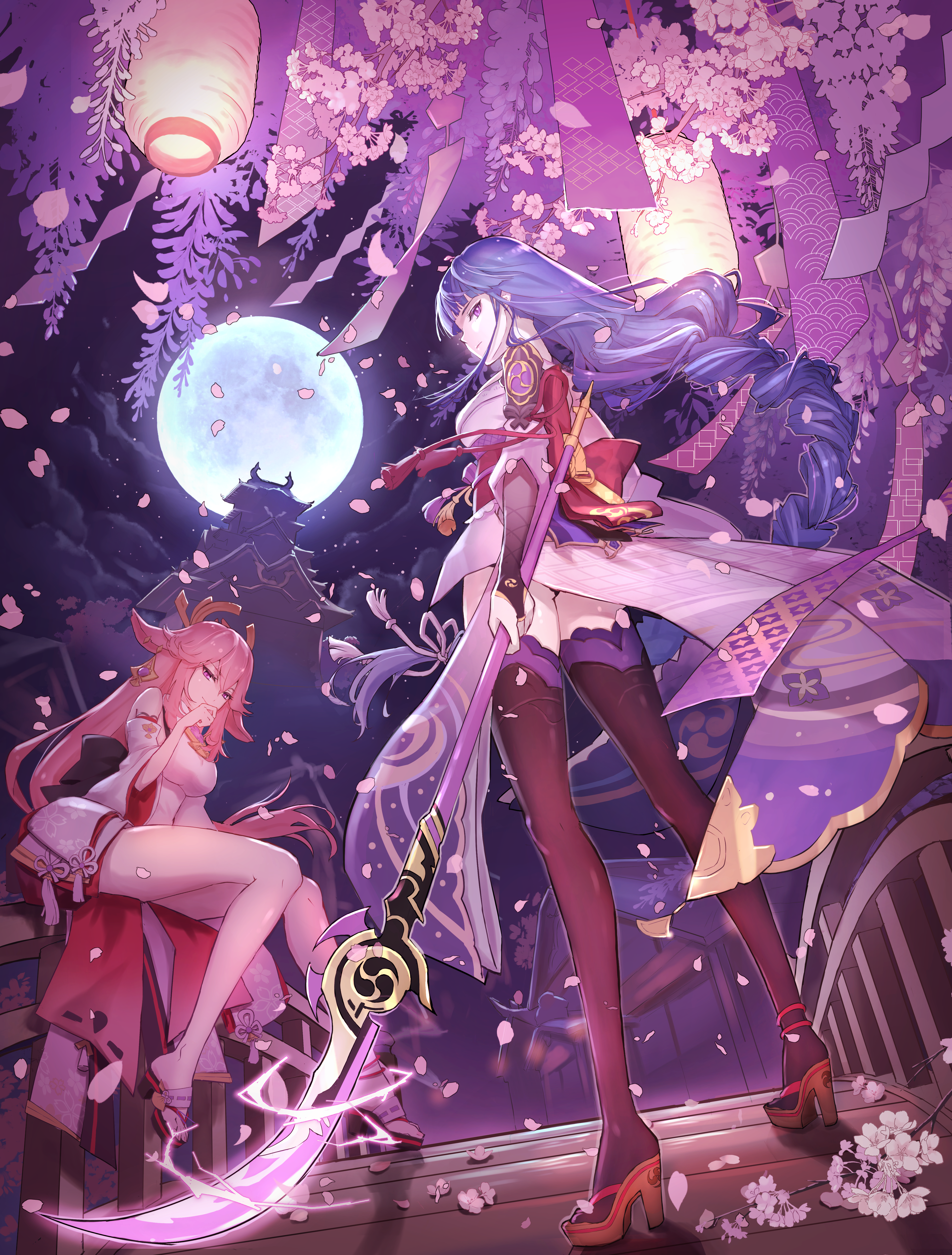 Raiden Shogun and Yae Miko under the moon HD Phone Wallpaper