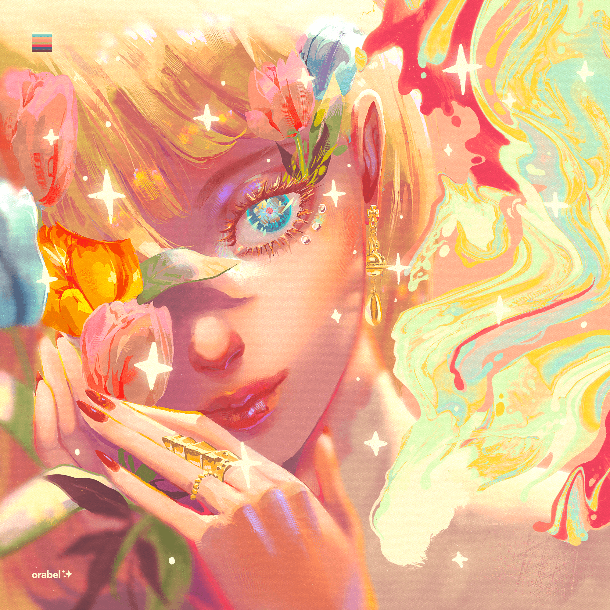 Orabel's fantasy art illustration with flowers and jewelry HD Wallpaper