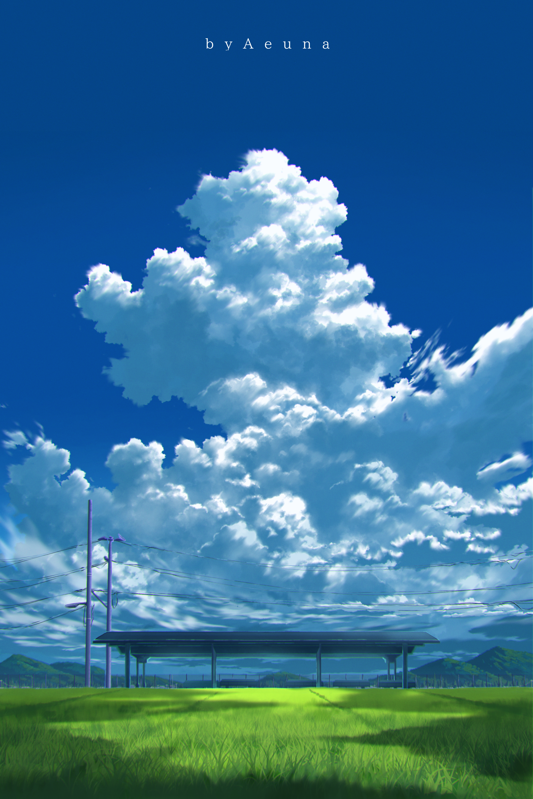 Illustration of a train station with clouds by Aeuna HD Phone Wallpaper