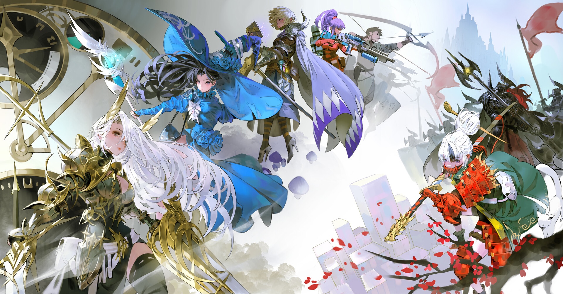Fantasy art of warriors with weapons and a clock HD Wallpaper