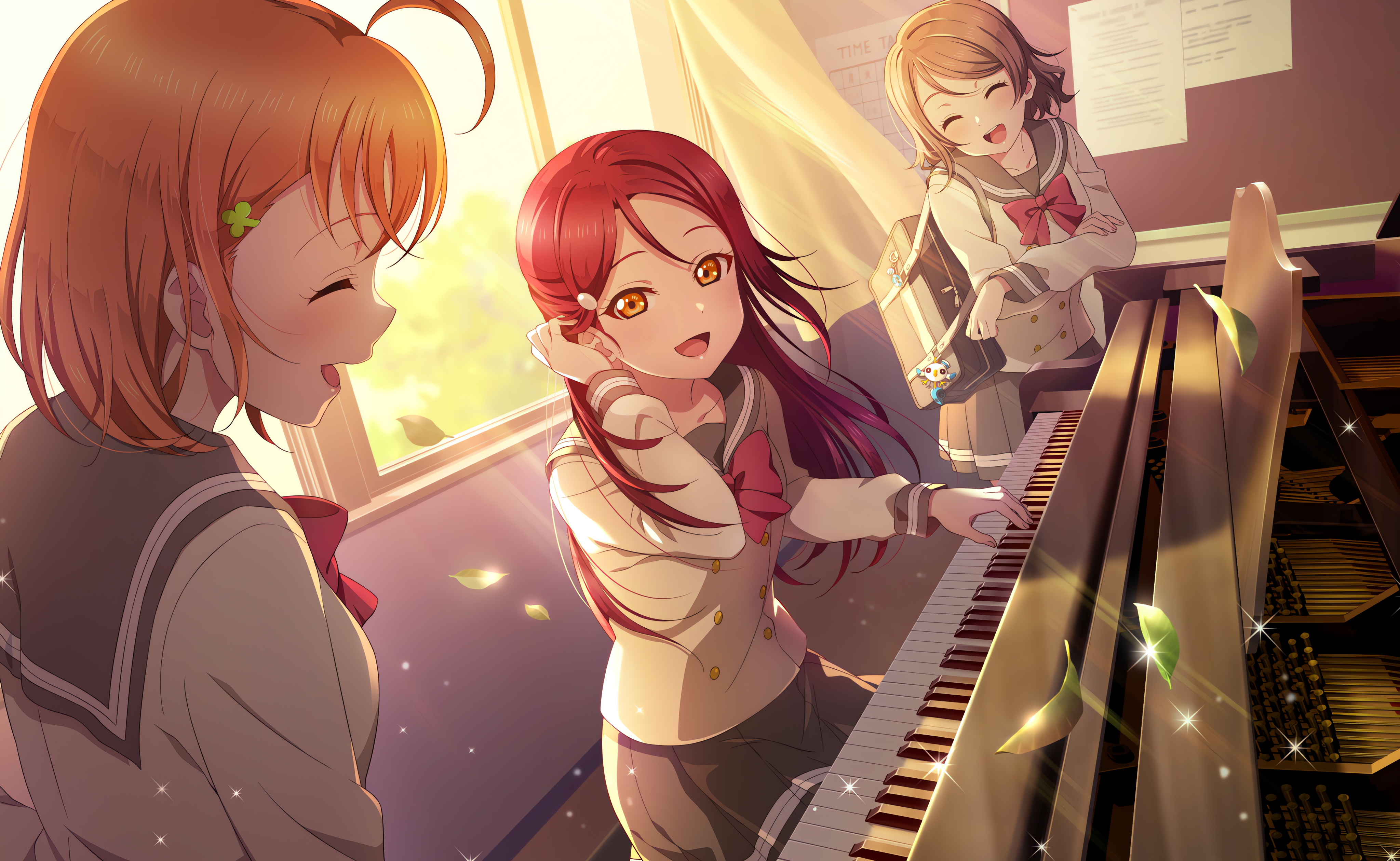 Love Live! Sunshine!! Schoolgirls playing piano at sunset HD Wallpaper
