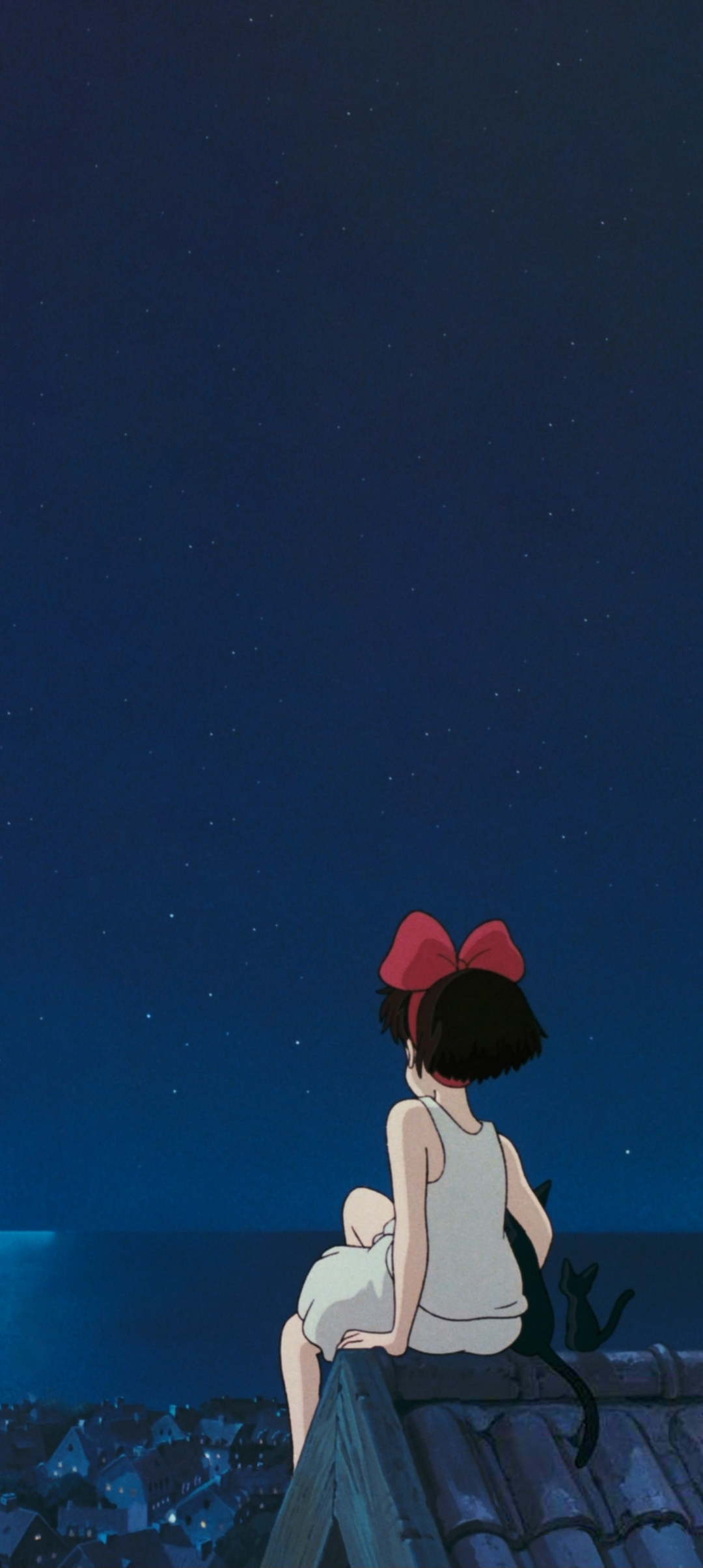 Kiki and Jiji on a rooftop under the stars HD Phone Wallpaper