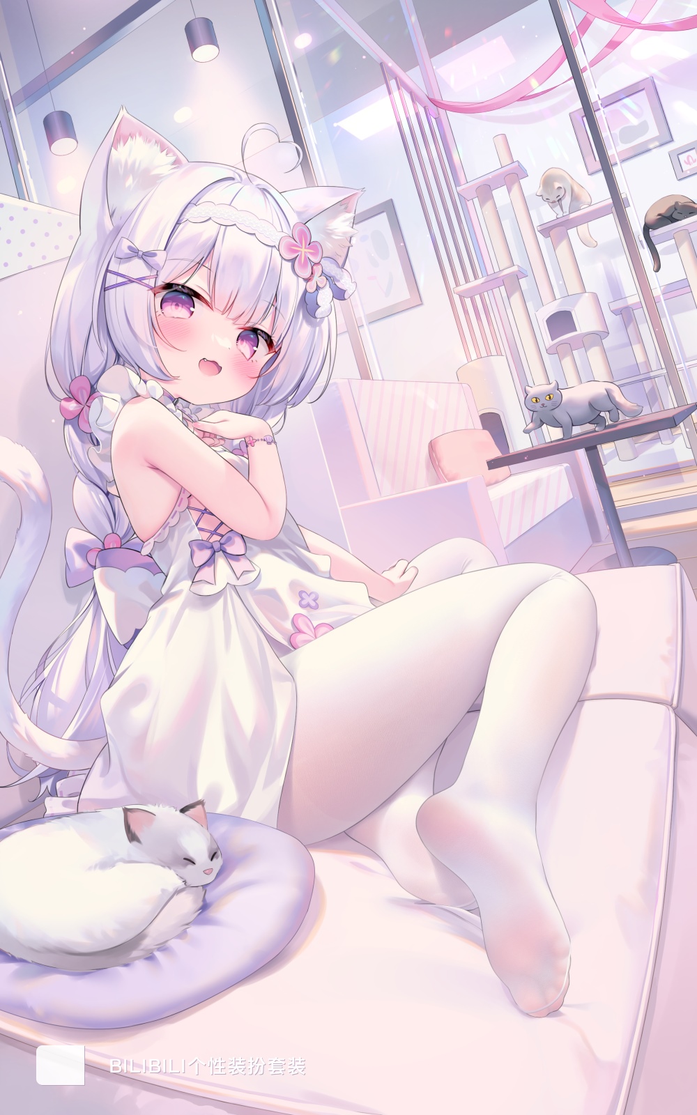Cat girl with white hair and purple eyes sitting on a couch HD Phone Wallpaper
