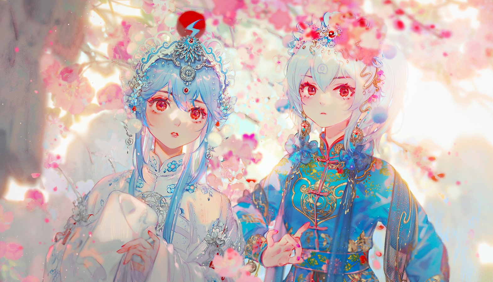 Two anime girls in traditional Chinese clothing with cherry blossoms HD Wallpaper