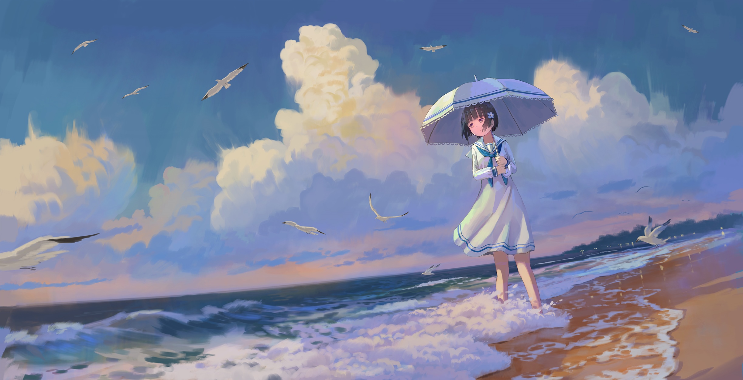 Girl with umbrella on beach with seagulls HD Wallpaper
