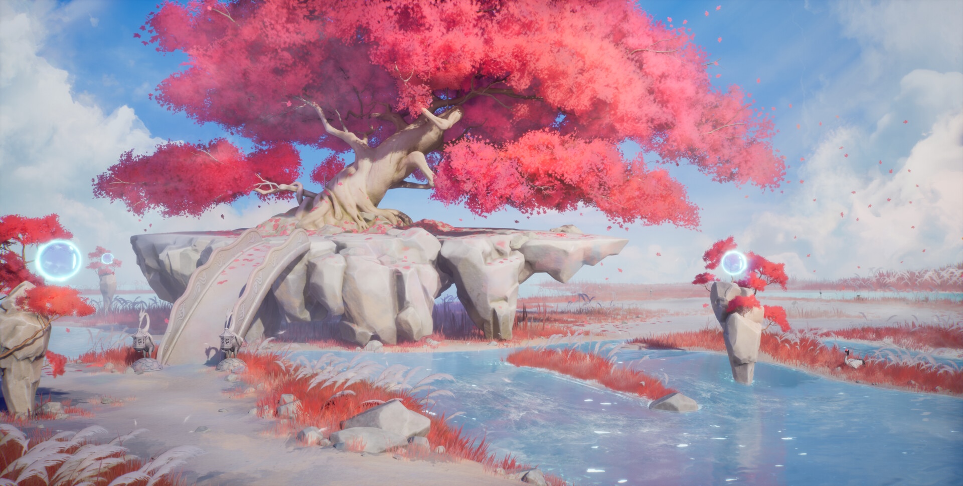 Fantasy landscape with a large pink tree and floating islands HD Wallpaper