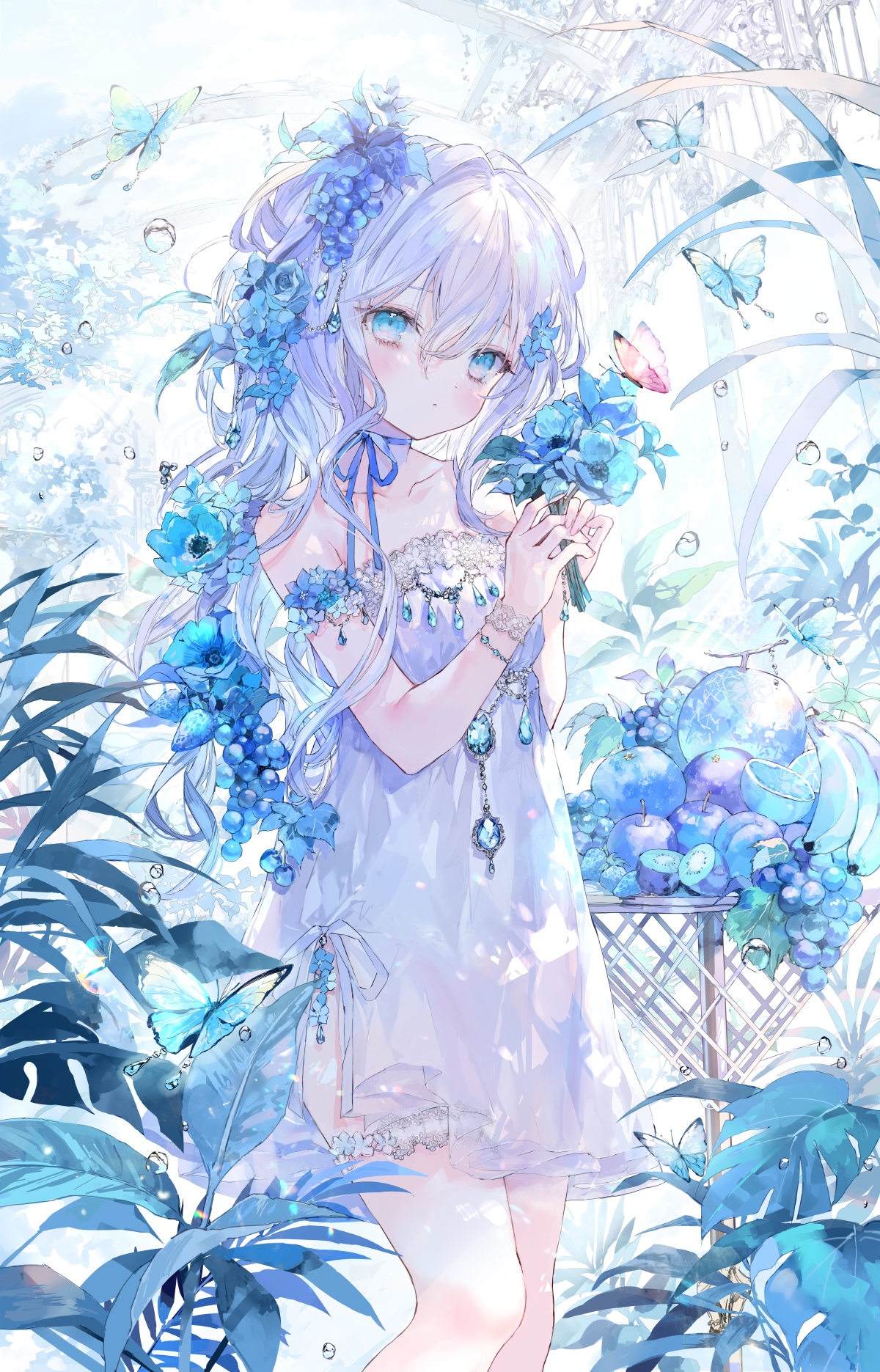 Girl with blue flowers and butterflies HD Phone Wallpaper