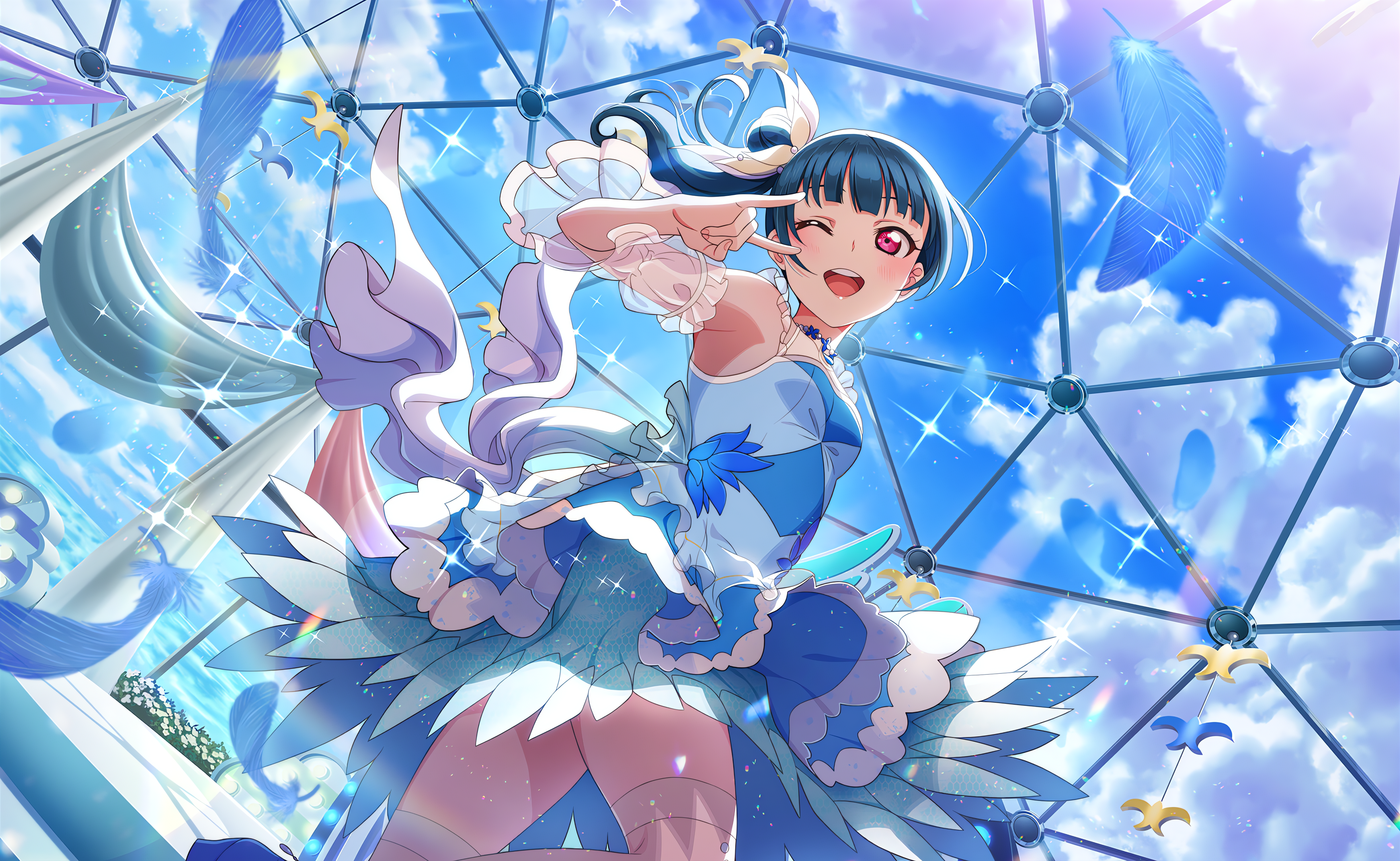 Tsushima Yoshiko in a blue dress with feathers HD Wallpaper