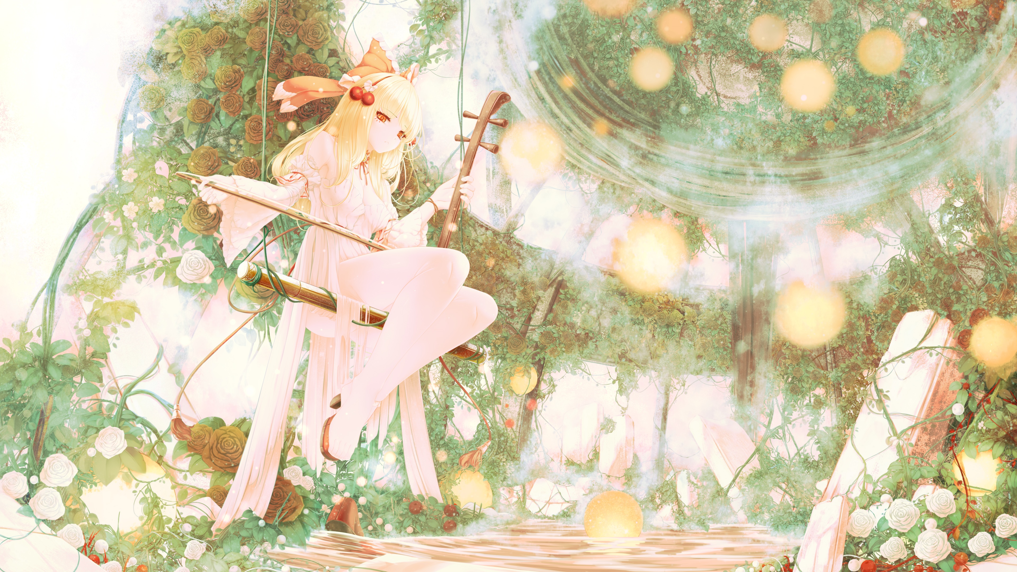 4K Anime Girl Playing Erhu in a Garden HD Wallpaper