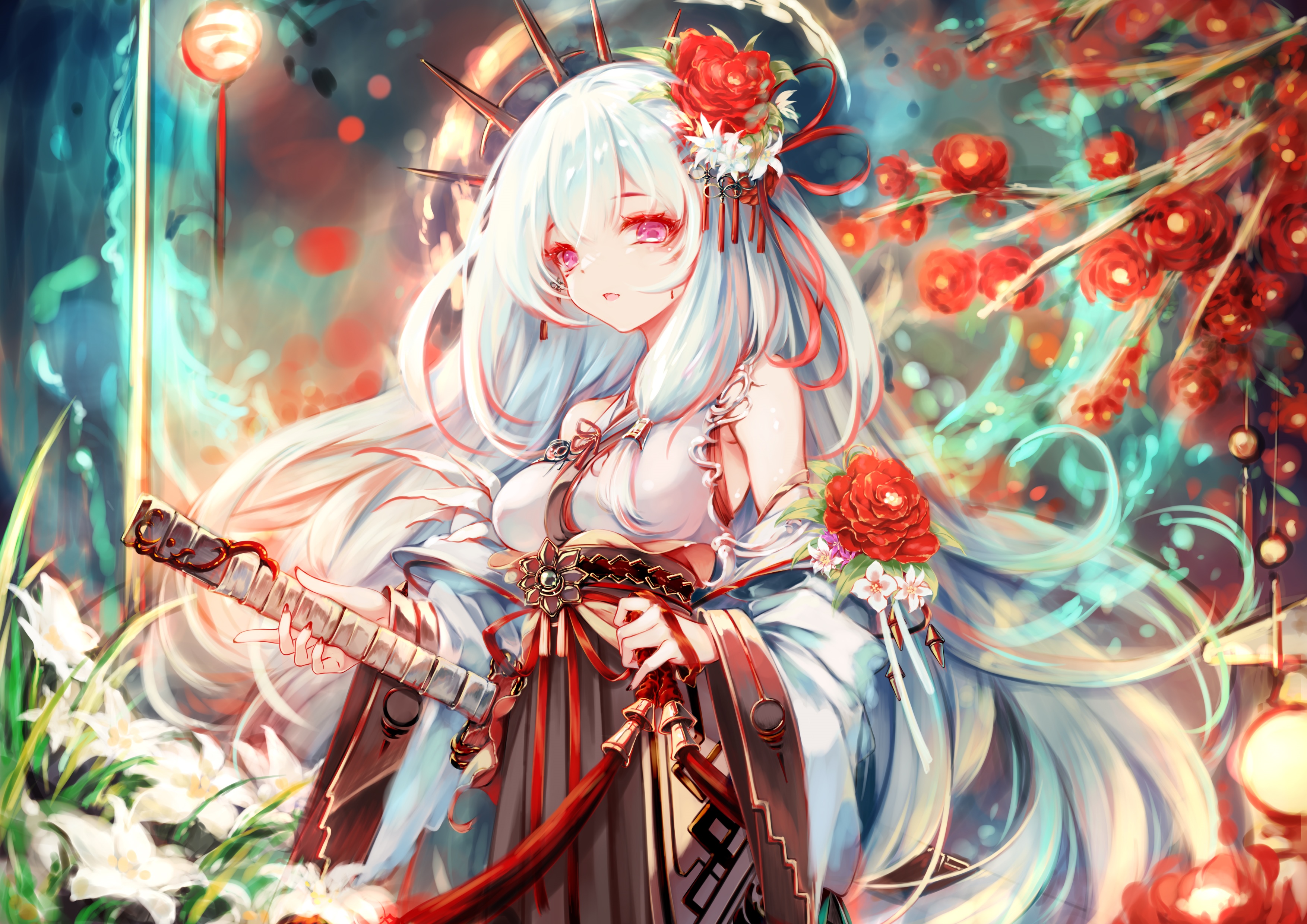Anime girl with white hair and sword HD Wallpaper