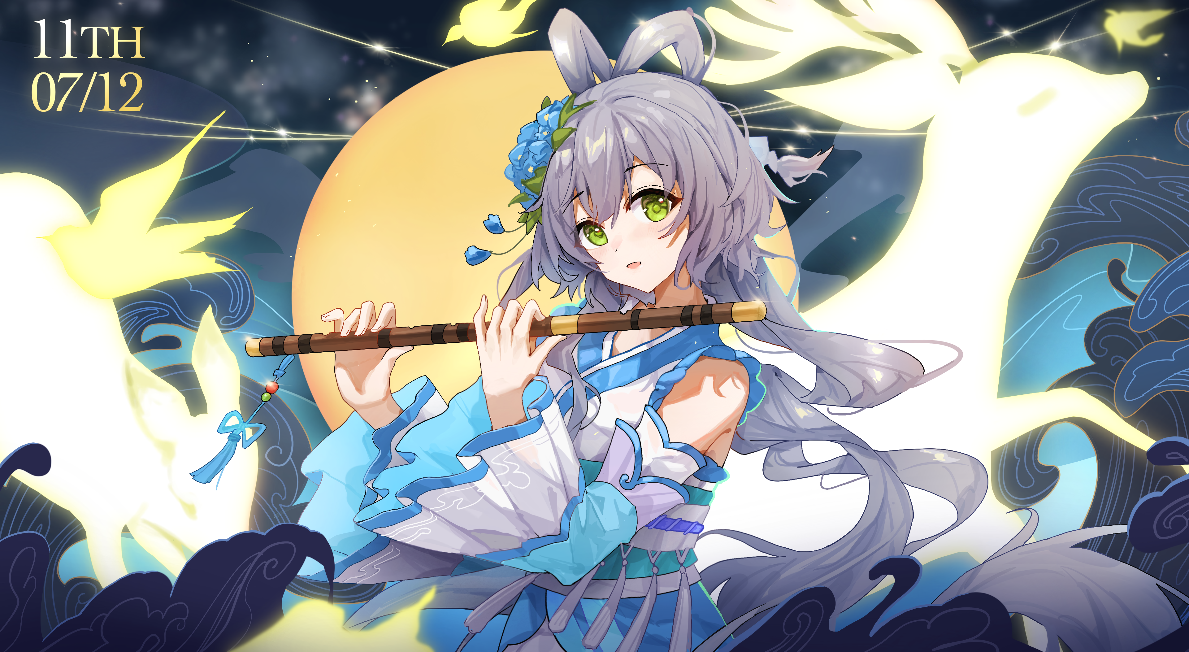 4K Anime Girl with Flute and Deer HD Wallpaper