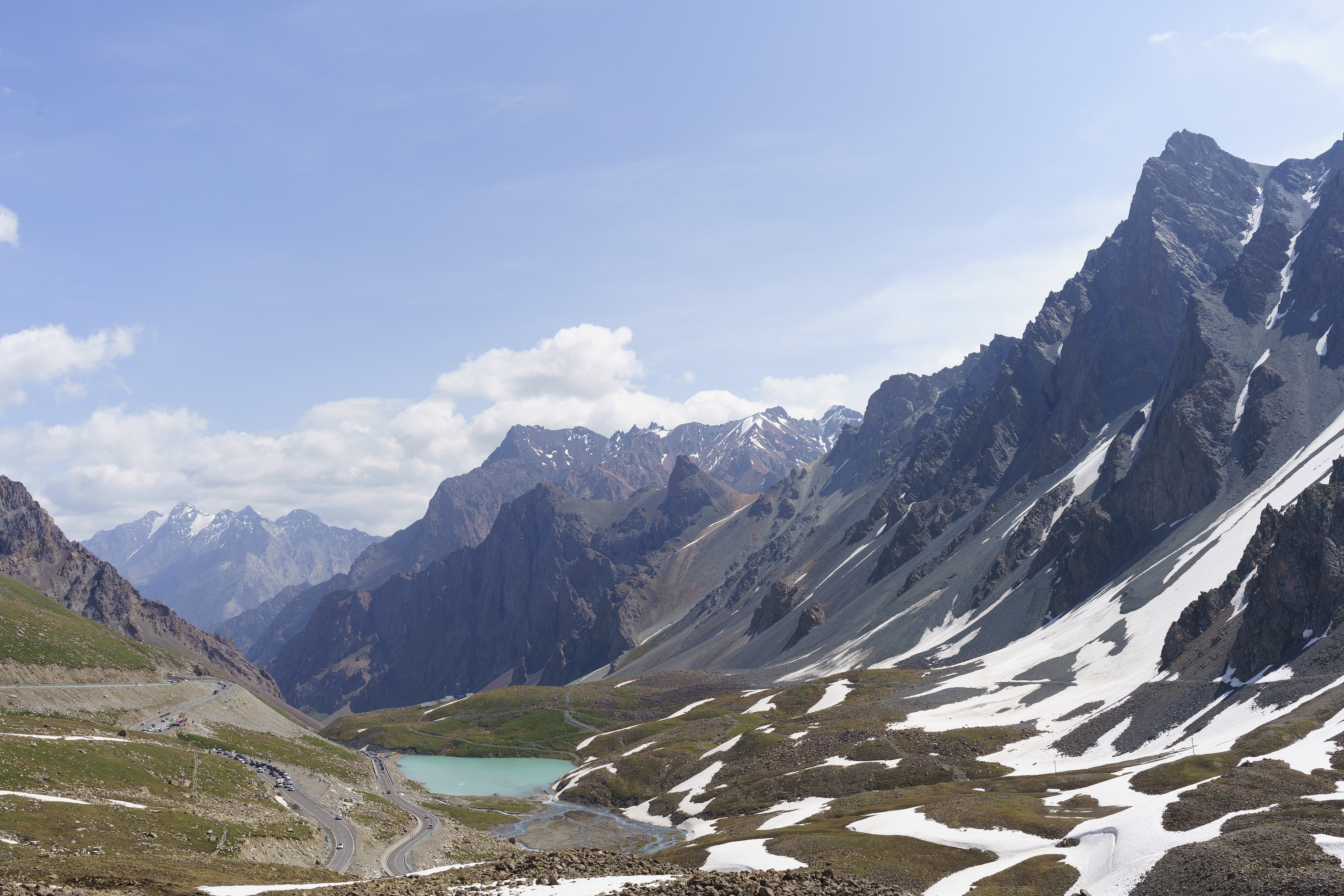 Mountain landscape with lake and snow in Xinjiang, China HD Wallpaper