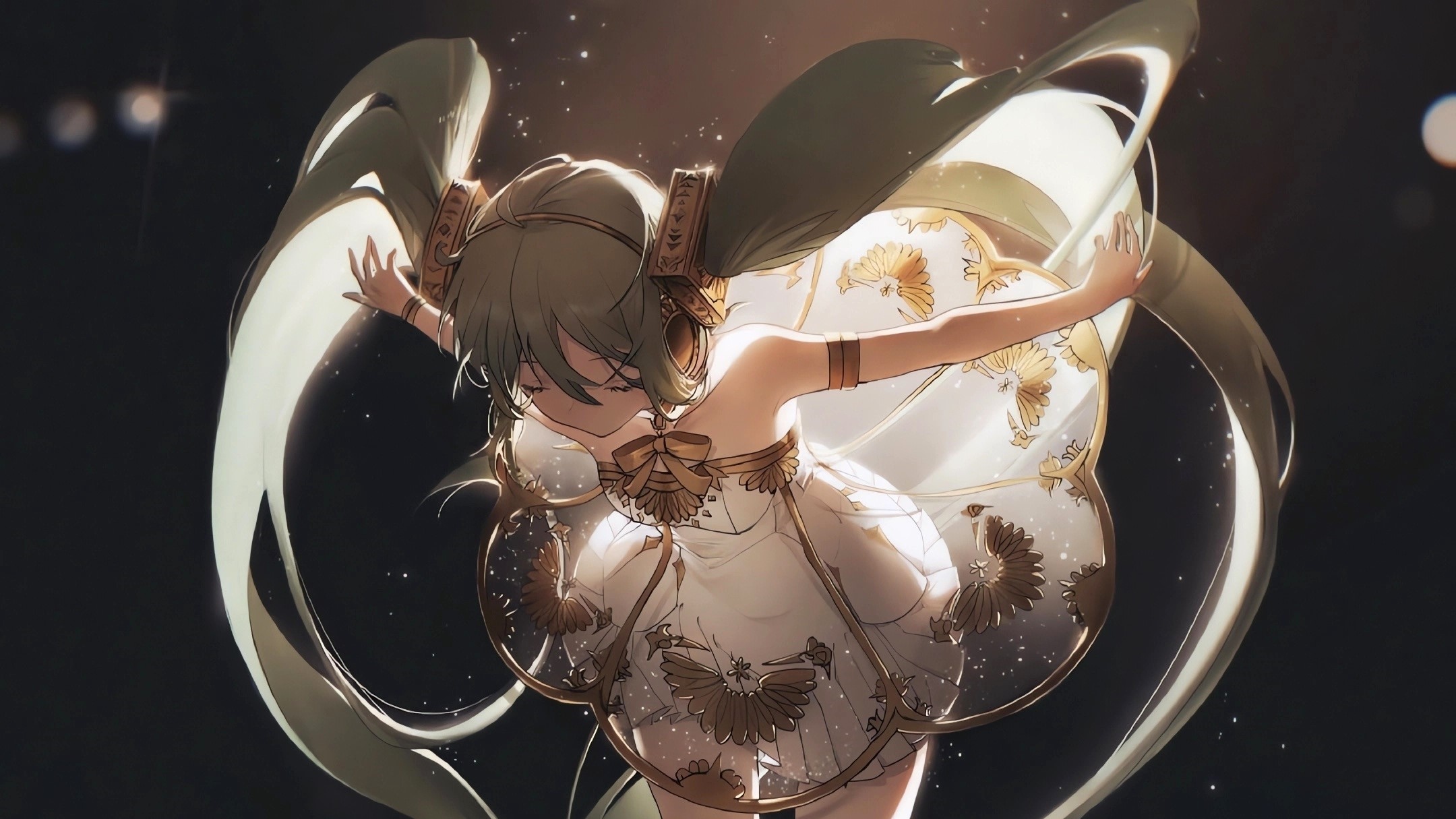 Hatsune Miku in a white and gold dress with twintails HD Wallpaper