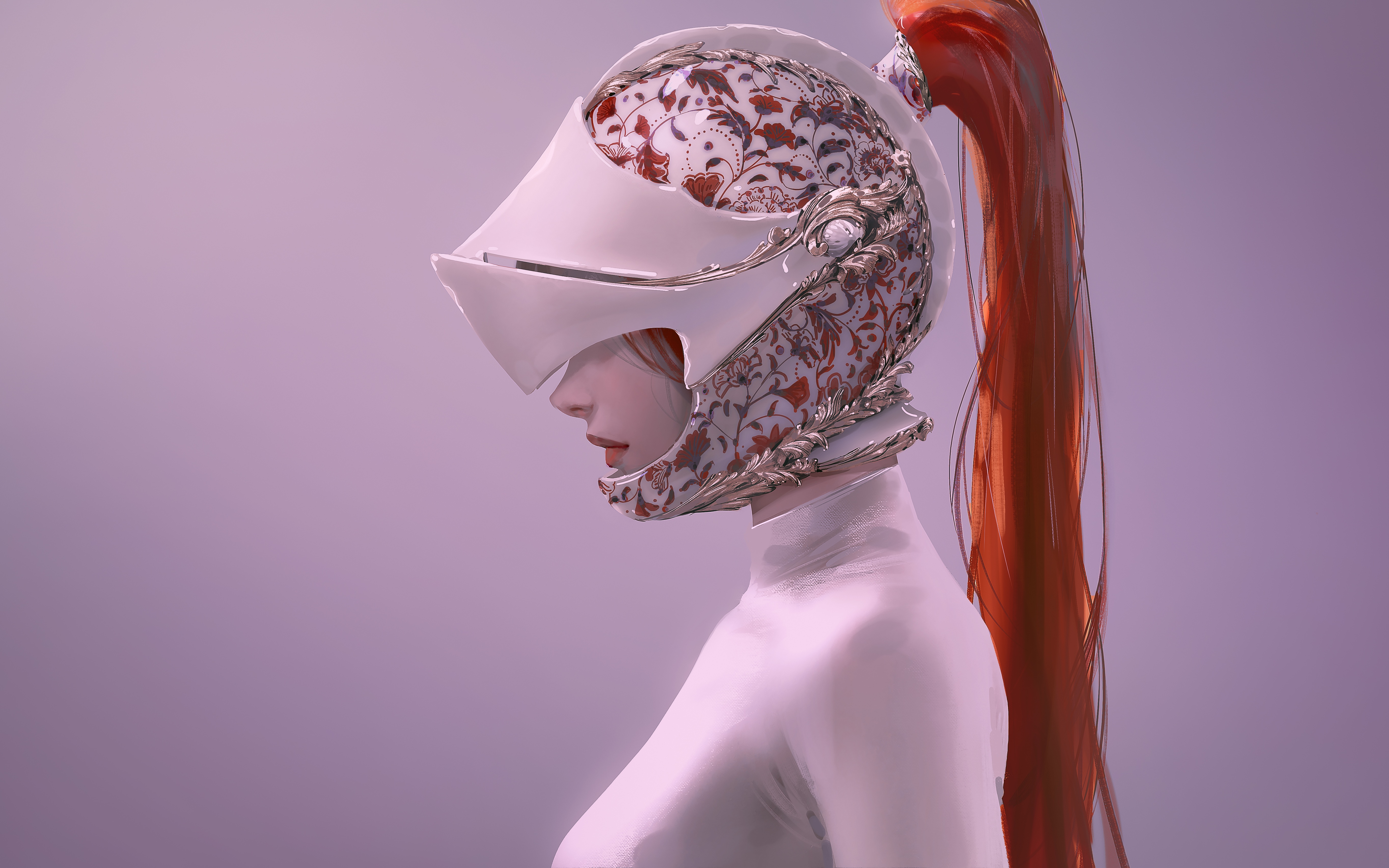 Woman in ornate helmet with red ponytail HD Wallpaper